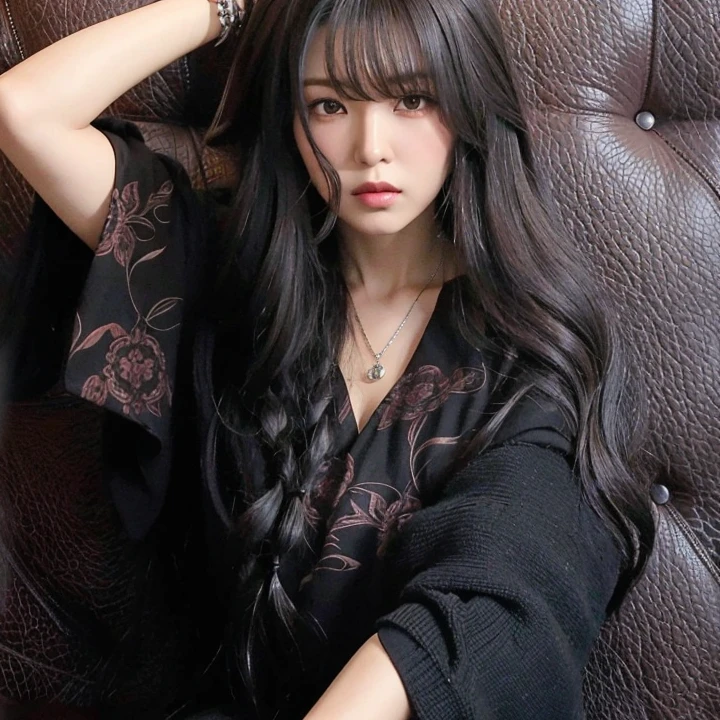 Arafed woman with long black hair sitting on a brown leather sofa, cabelo preto longo com franja, Ela tem cabelo preto com franja, cabelos escuros longos com franja, cabelo comprido com franja completa, cabelos longos com franja, com longos cabelos pretos, preto hime corte cabelo, com cabelos longos, com longos cabelos escuros, cabelo ondulado preto com franja, cabelos pretos longos e finos