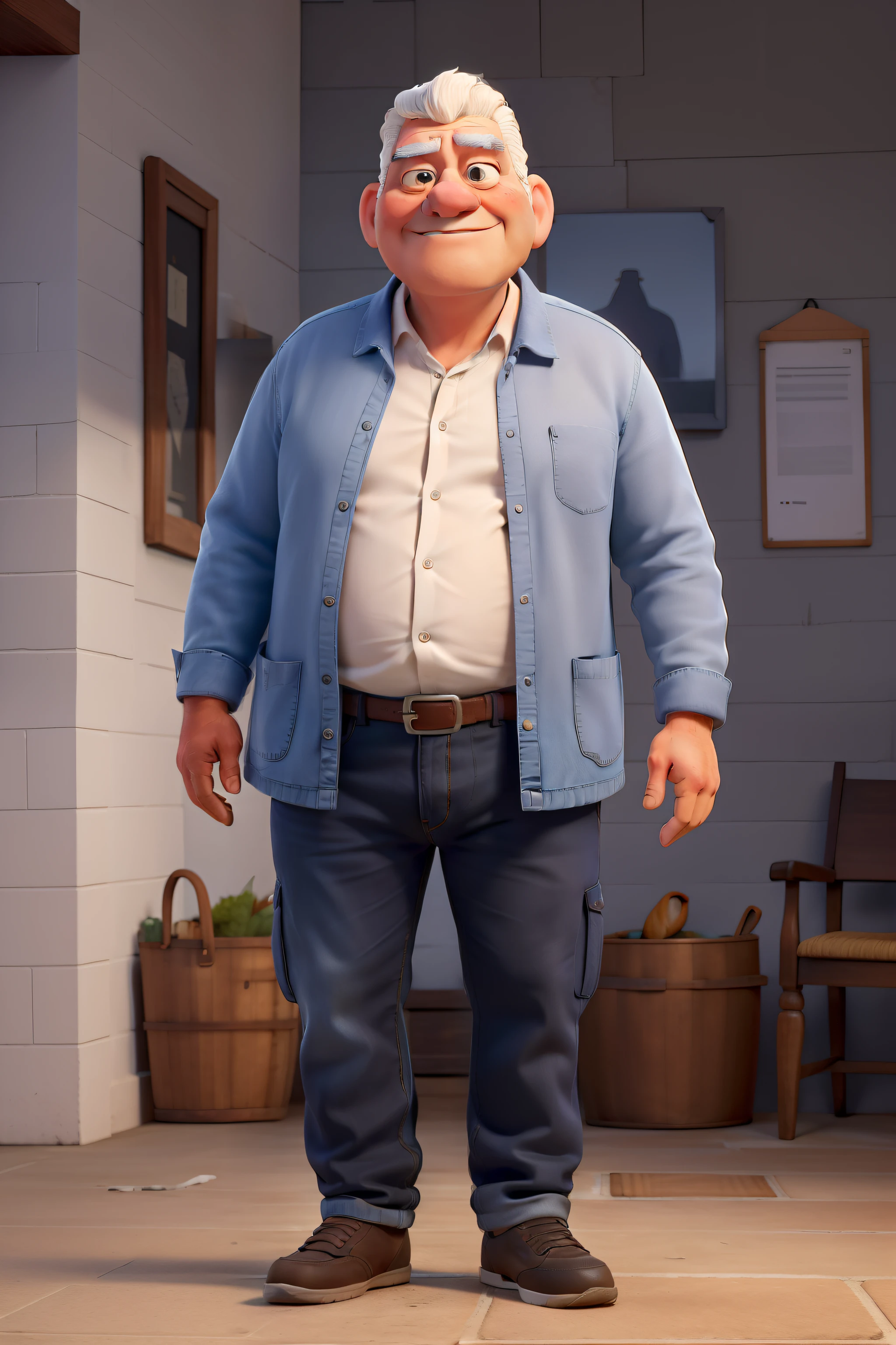 Creating a series of high-quality portraits of the character Francisco Arruda is a, homem gordo com uma barriga grande, de aproximadamente 65 anos, with white skin and white hair and droopy look that add a maturity to her look. He wears a navy blue collared shirt that accentuates his solid presence, paired with a pair of jeans that complements the casual and practical style. Their black sneakers add a touch of comfort to their appearance. As a Food Distributor Owner, Francisco irradia uma aura calorosa e gentil, always showing sympathy and consideration in their gestures and interactions with the people around them.