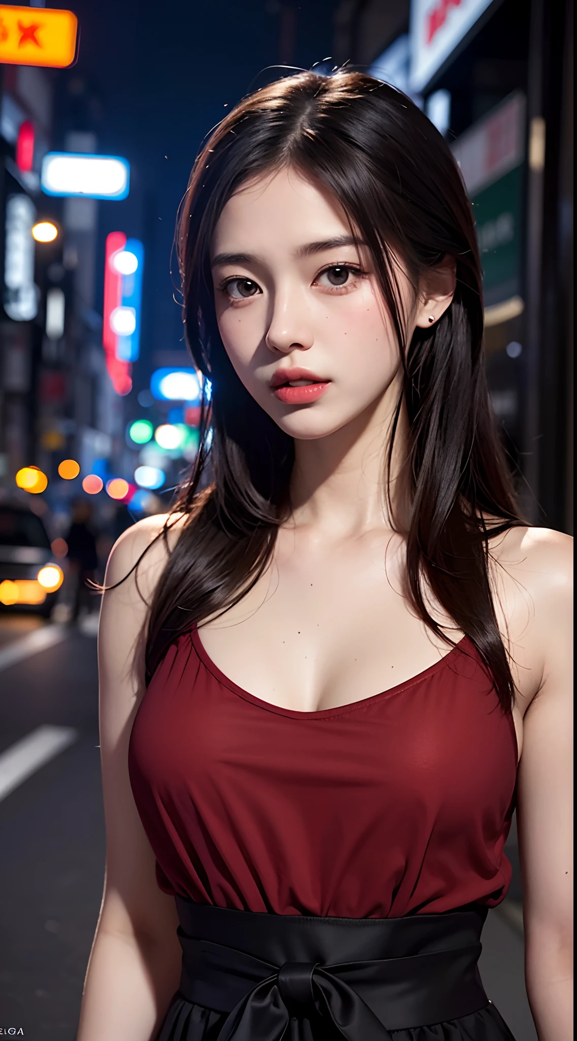1girl, Tokyo street,night, cityscape,city lights, upper body,close-up, 8k, RAW photo, best quality, masterpiece,realistic, photo-realistic,