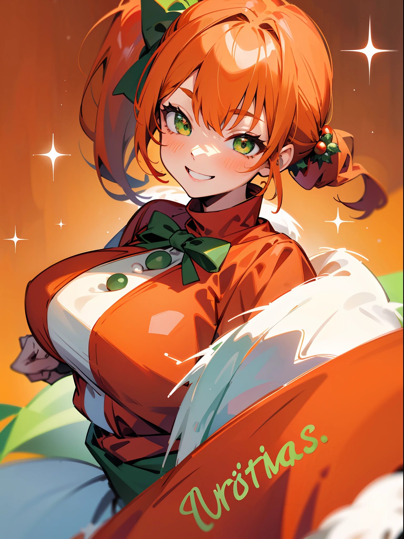 1girl in、Orange hair、large round green eyes、Side Ponytail、A slight smil、Laugh、Christmas、Dressed in Santa Claus costume、Colors based on red and green