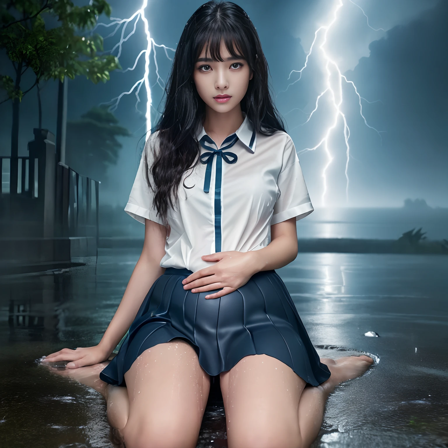((Best Quality, masutepiece, 超A high resolution、The most complex and detailed depictions)),1 girl、((Uniforms covered in water all over the body))、((Alone in the city))、((perfect bodies、perfect hand、perfect leg))、((Pregnancy))、((Sit up straight on the ground、Sit on the ground、Sit with your feet on the ground))、face that seems to cry、terrified expression、((The most realistic rain and water droplets))、((One giant lightning bolt))、((Lightning in the sky))、((Very heavy rain))、((Ōlan))、(((The whole body is drenched)))、Fallen trees and debris in the background、((Wet white uniform shirt))、((It's unbelievably soaked))、(((Real rain)))、The perfect texture of a wet shirt、(((Very intense realistic rain)))、The perfect texture for wet hair、((Drenched hair))、Wet hair sticks to the face、((very wet hair))、((wet and disheveled hair))、((Uniforms soaked all over))、The skin is faintly visible from the top of the clothes、Wet and see-through skin、((Perfect texture down to the smallest detail of wet clothes))、Countless water droplets adhere to the body、((Underwear that can be seen through the top of clothes))、((Perfectly expresses the texture of soaked hair))、Wet and shiny hair、((Wearing a dark blue wet skirt))、it is raining heavily、((Very complex and realistic lightning))、a dark night、feeling of despair、perfect anatomia、Looking at the camera、She looks up at me、Sad face、Face of fear、Looks cold、The Extreme Look of Fear、Lightning flashes、drenching、Ōlan