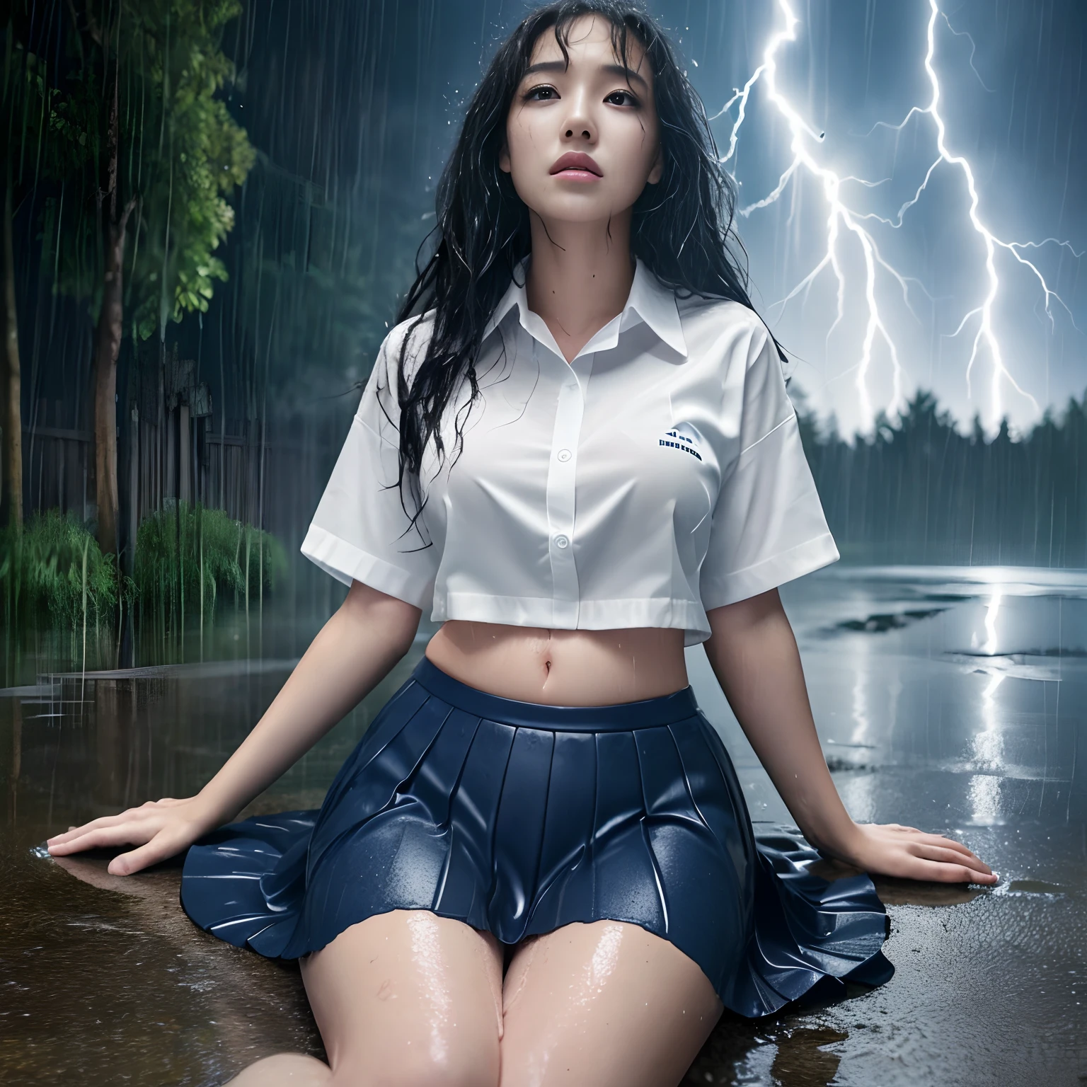 ((Best Quality, masutepiece, 超A high resolution、The most complex and detailed depictions)),1 schoolgirl、((Uniforms covered in water all over the body))、((Alone in the city))、((perfect bodies、perfect hand、perfect leg))、((Pregnancy))、((Sit up straight on the ground、Sit on the ground、Sit with your feet on the ground))、face that seems to cry、terrified expression、((The most realistic rain and water droplets))、((One giant lightning bolt))、((Lightning in the sky))、((Very heavy rain))、((Ōlan))、(((The whole body is drenched)))、Fallen trees and debris in the background、((Wet white uniform shirt))、((It's unbelievably soaked))、(((Real rain)))、The perfect texture of a wet shirt、(((Very intense realistic rain)))、The perfect texture for wet hair、((Drenched hair))、Wet hair sticks to the face、((very wet hair))、((wet and disheveled hair))、((Uniforms soaked all over))、The skin is faintly visible from the top of the clothes、Wet and see-through skin、((Perfect texture down to the smallest detail of wet clothes))、Countless water droplets adhere to the body、((Underwear that can be seen through the top of clothes))、((Perfectly expresses the texture of soaked hair))、Wet and shiny hair、((Wearing a dark blue wet skirt))、it is raining heavily、((Very complex and realistic lightning))、a dark night、feeling of despair、perfect anatomia、Looking at the camera、She looks up at me、Sad face、Face of fear、Looks cold、The Extreme Look of Fear、Lightning flashes、drenching、Ōlan