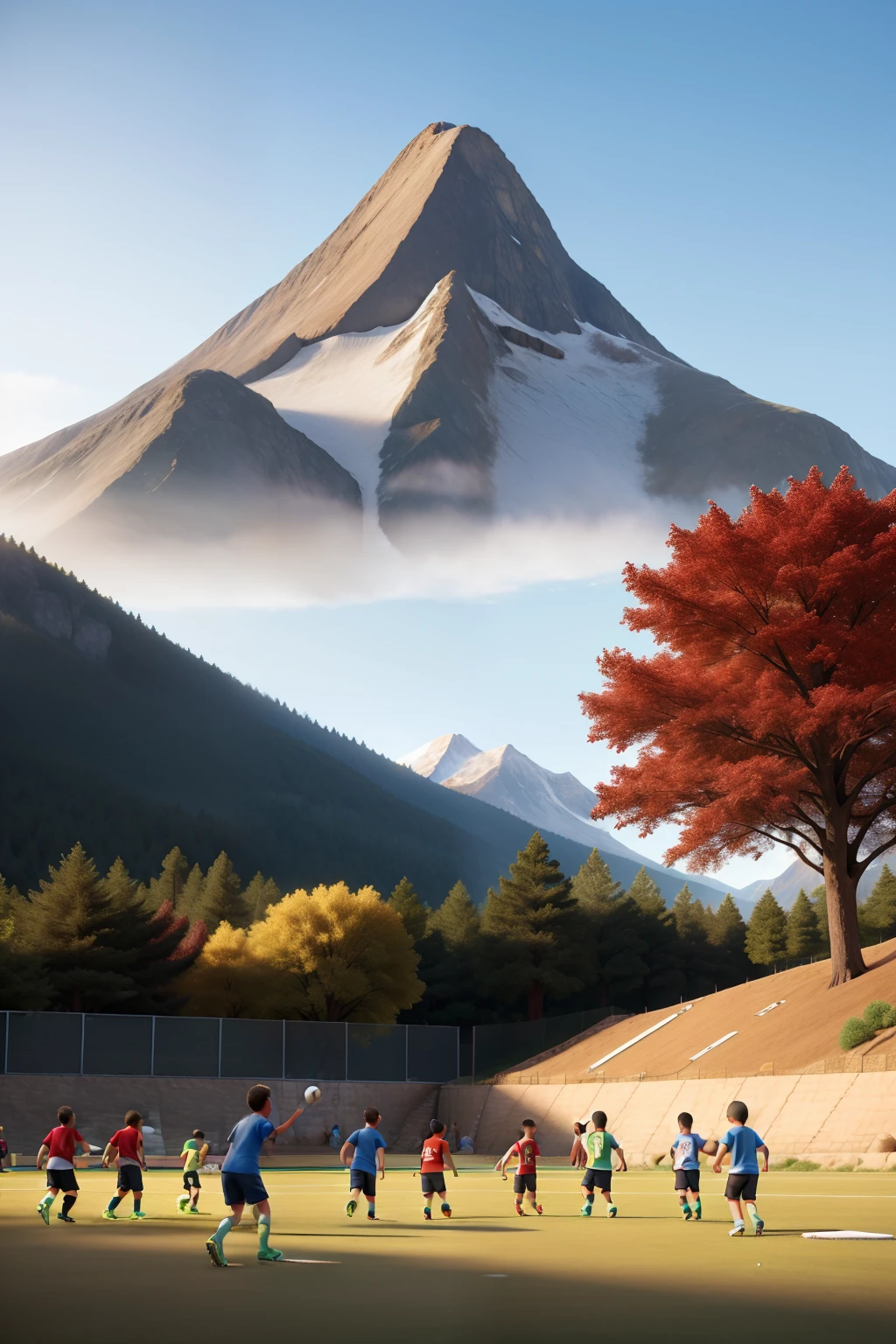 Obra-prima, Of a soccer field with a mountain in the background and kids playing ball