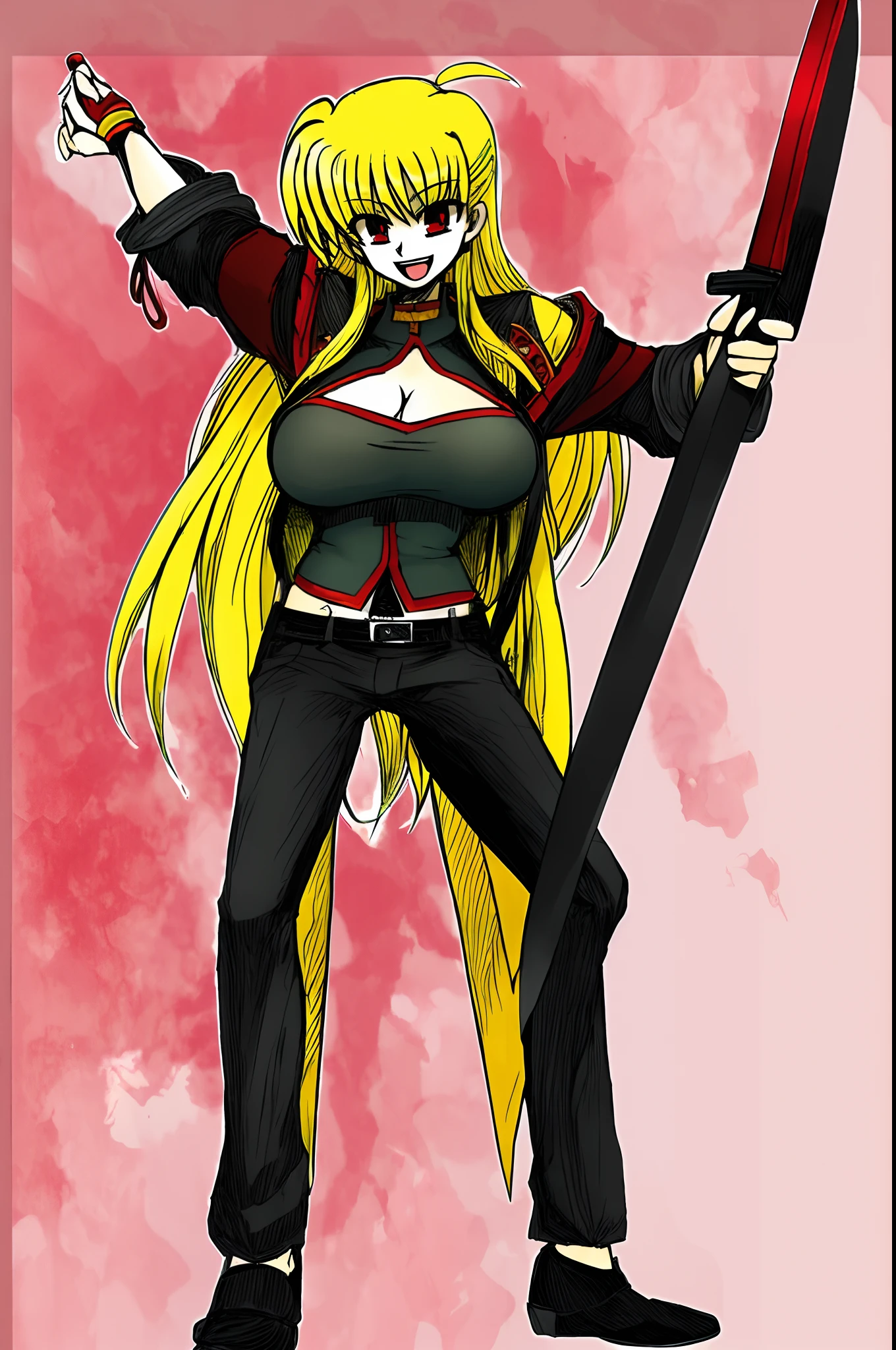 fate testarossa,magic blade, mahou shoujo lyrical nanoha, full body, large breasts, medieval, blonde hair, red eyes black clothes, warrior, pants, medieval clothing, medieval fantasy, holding up blade,smile