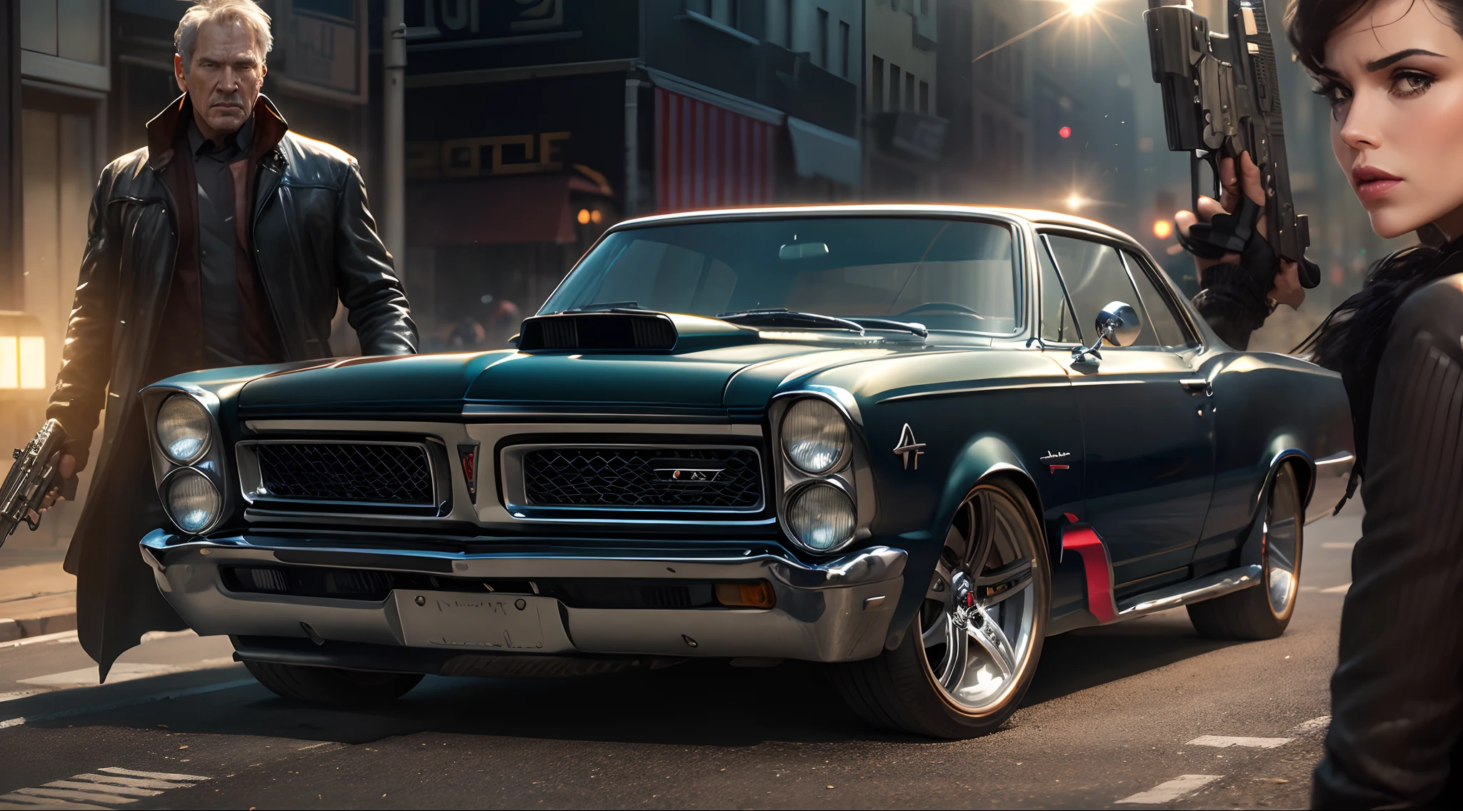 um imponente, Pontiac GTO 1965 classic black in the foreground, behind a close-up of a gangster Harrison Ford armed with a pistol and a handsome gangster Angelina Jollie holding a pistol and the sun and many buildings with the light on of a street in New York