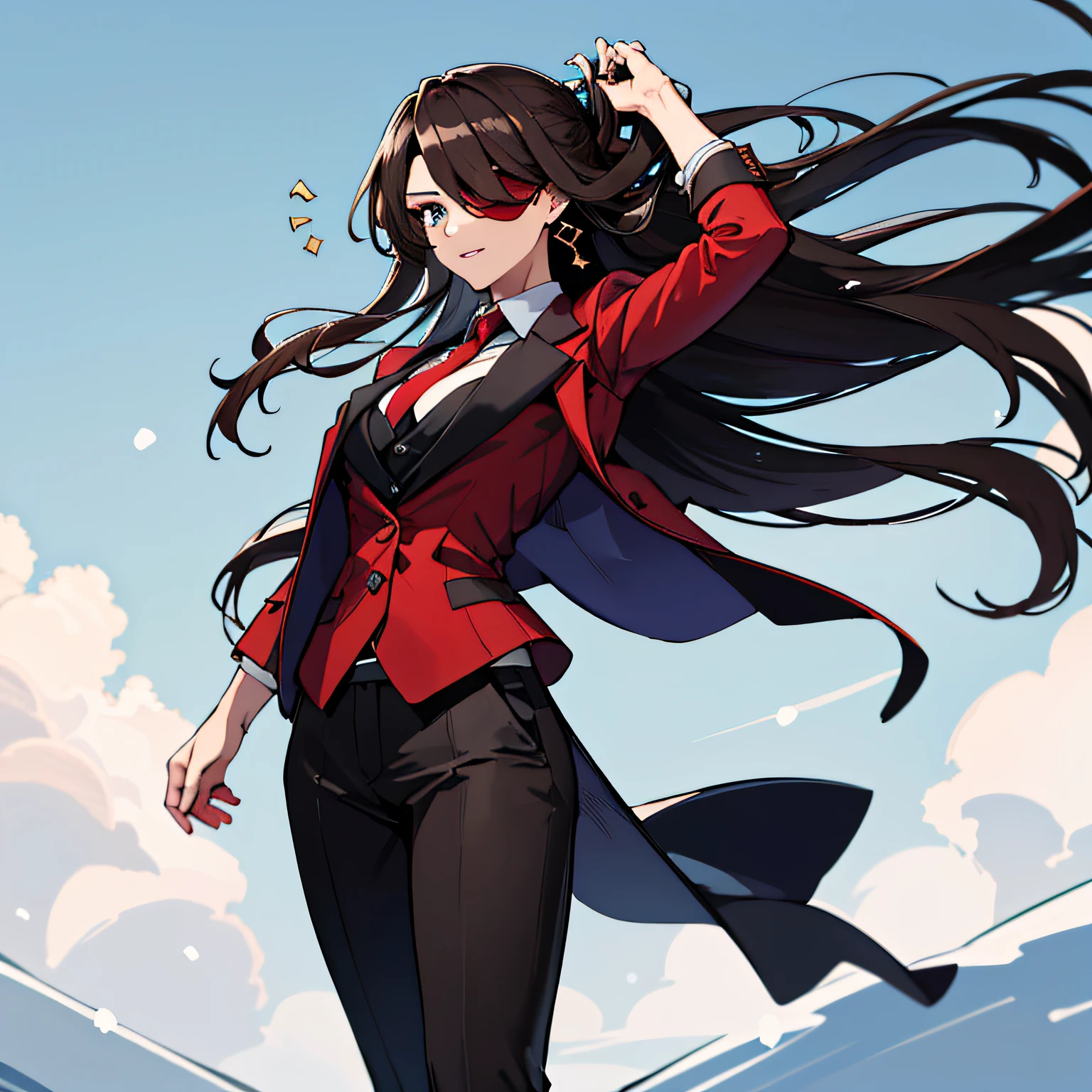 (absurdres, 8k, 4k, masterpiece, hyper extreme detailed:1.2), solo, 1girl, front view portrait, best quality, expressive eyes, perfect face, 1girl, portrait, solo, Female, mature female, adult, brown hair, eyepatch, long hair, pirate, cool, confident, perfect anatomy, messy hair, wild hair, snowy, day time, white sky, cowboy shot, full body, perfect anatomy, flowing hair, windy hair, wind, beidoudef, beidournd, formal wear, front view, looking forward, toned body, muscular, athletic, flexible, strong, large bust, suit pants, suit jacket, vest, dress shirt, red tie, dark red blazer,
