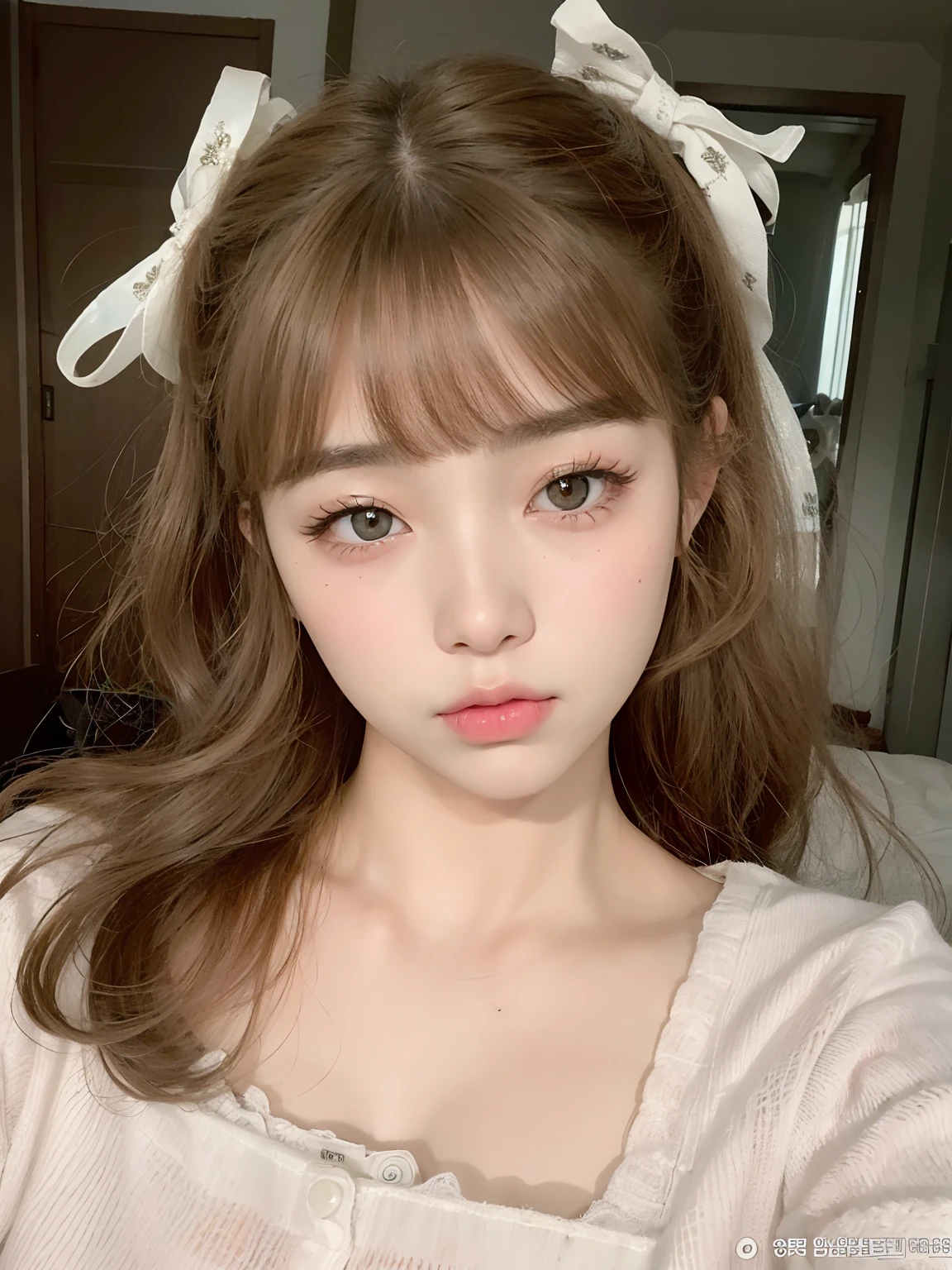 Hay una mujer con el pelo largo y un vestido blanco posando para una foto, Sakimichan, ulzzang, pale milky white porcelain skin, modelo Elisa Hess s de acquamodels, brown hair and large eyes, 8k selfie photograph, chica linda-fina-cara, Anime Thai Girl, selfie de una mujer joven