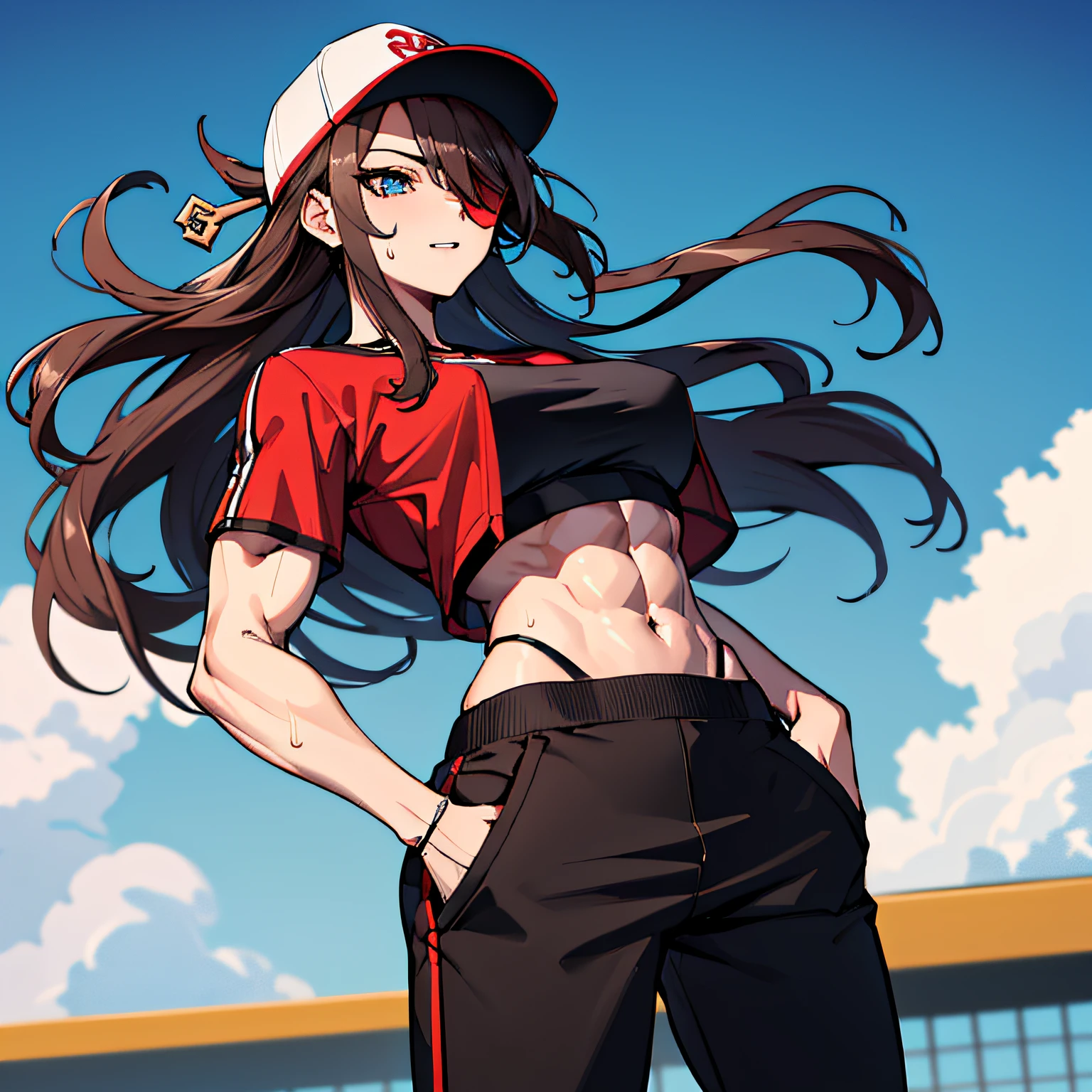(absurdres, 8k, 4k, masterpiece, hyper extreme detailed:1.2), solo, 1girl, front view portrait, best quality, expressive eyes, perfect face, 1girl, portrait, solo, Female, mature female, adult, brown hair, eyepatch, long hair, pirate, cool, confident, perfect anatomy, messy hair, wild hair, day time, blue sky, cowboy shot, full body, perfect anatomy, flowing hair, windy hair, wind, beidoudef, beidournd, streetwear, baseball cap, t-shirt, front view, looking forward, toned body, muscular, athletic, flexible, strong, large bust, sweatpants, hands in pockets,