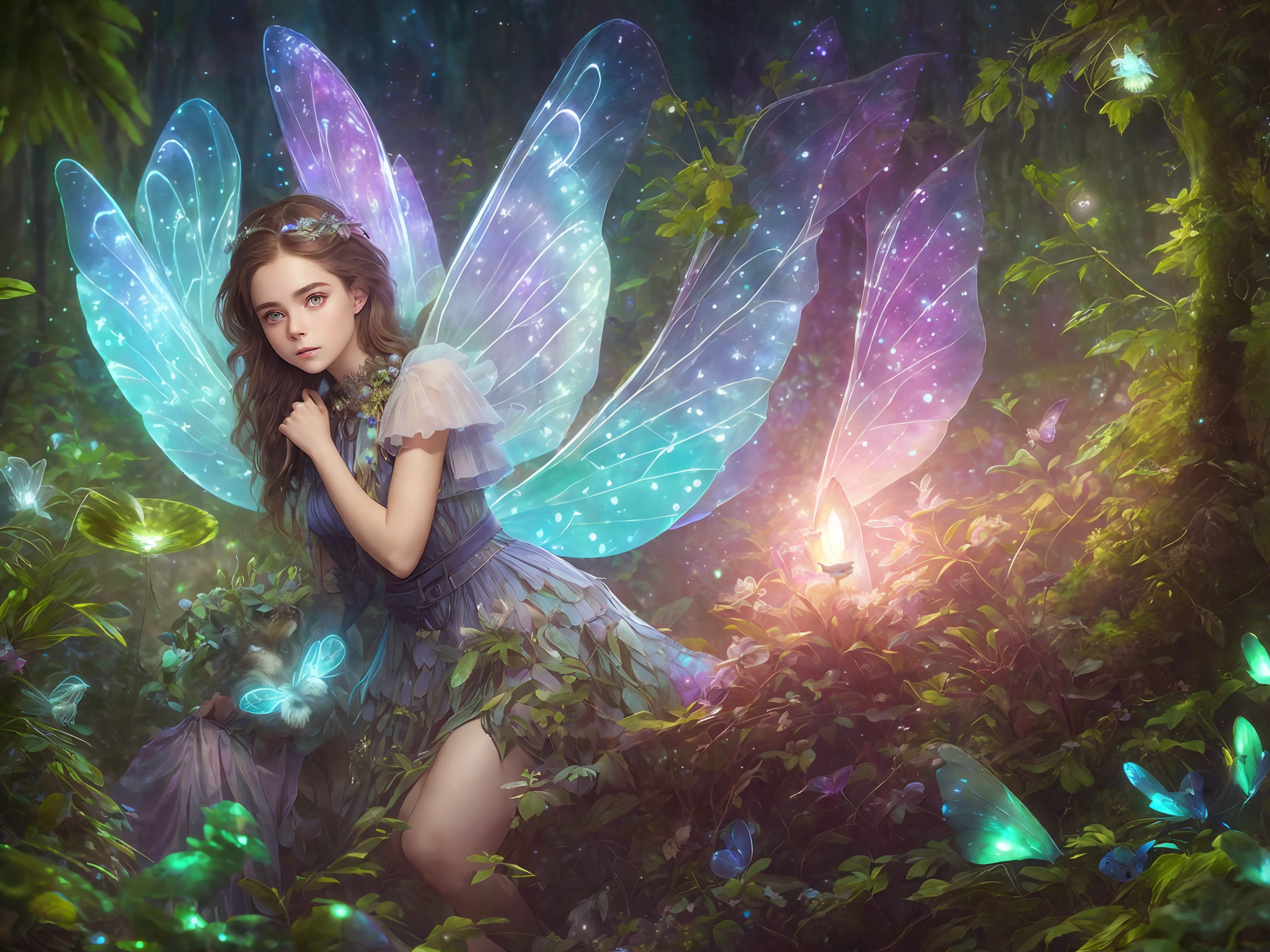 (highly detailed:1.2),(best quality:1.2),(8k:1.2),sharp focus,(subsurface scattering:1.1),award-winning photograph
(glowing bioluminescent forest:1.2),adorable chibi fairy ,kiernan shipka mackenzie foy barbara palvin, iridescent fairy wings
(very detailed background:1.2),(magical fantasy:1.0), (knollingcase:1.1),(dreamlikeart:1.1), dramatic lighting, by greg rutkowski alphonse mucha wlop, size 2162 x 1261