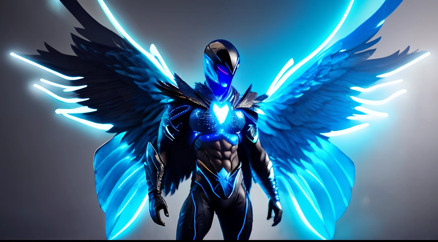 a futuristic figure, with a glowing blue eye and wings, standing next to a crow, bird, 1boy, wings, abs, male focus, cape, glowing