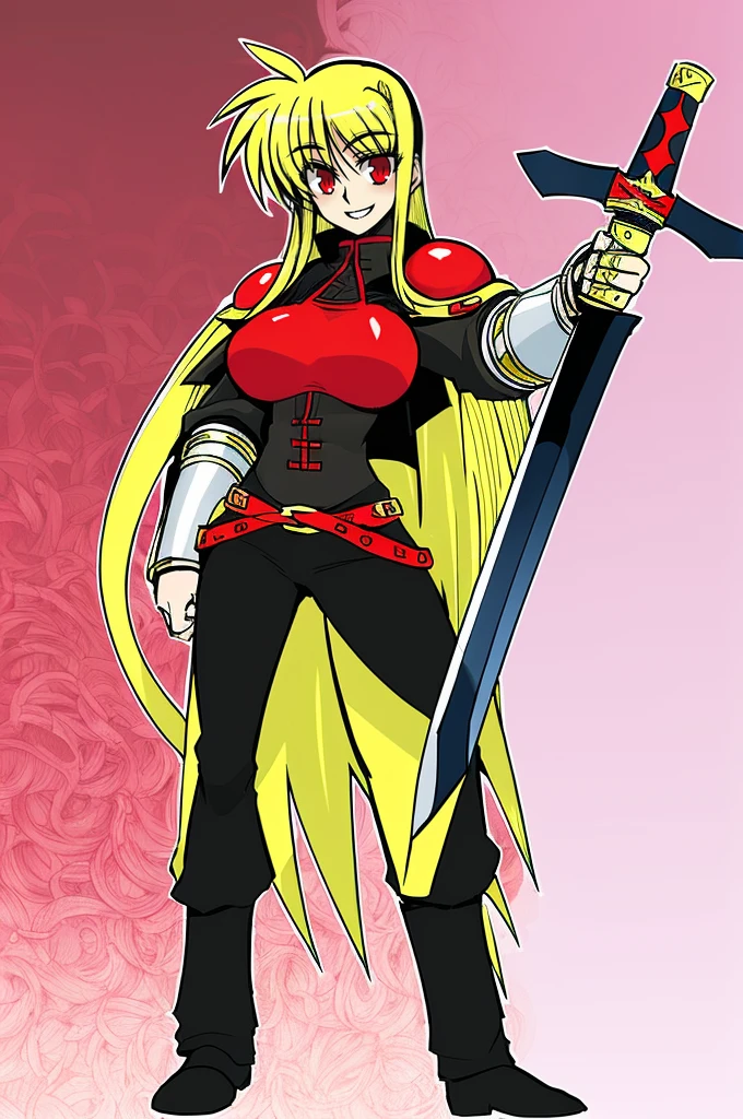 fate testarossa,magic blade, mahou shoujo lyrical nanoha, full body, large breasts, medieval, blonde hair, red eyes black clothes, warrior, pants, medieval clothing, medieval fantasy, holding up blade,smile