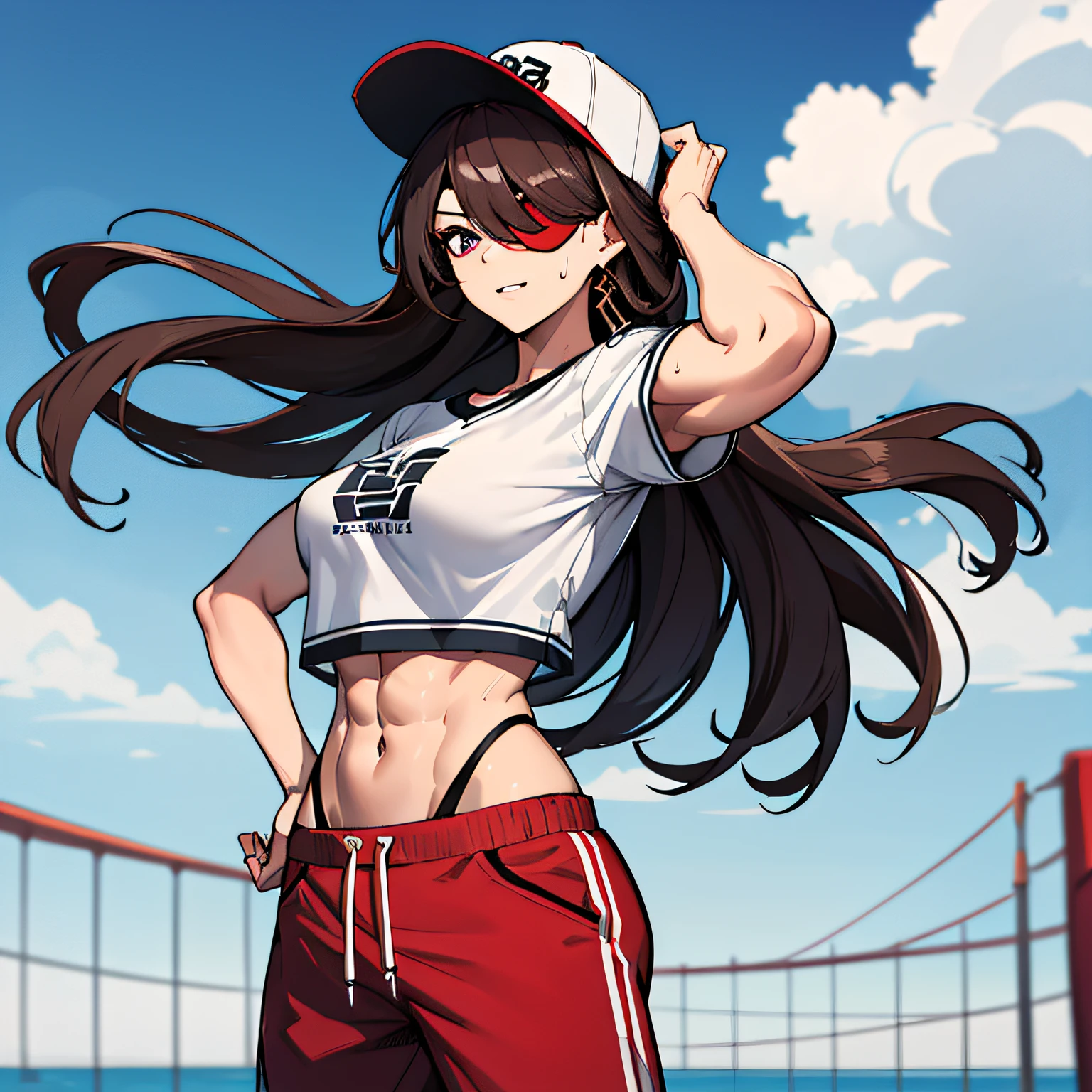 (absurdres, 8k, 4k, masterpiece, hyper extreme detailed:1.2), solo, 1girl, front view portrait, best quality, expressive eyes, perfect face, 1girl, portrait, solo, Female, mature female, adult, brown hair, eyepatch, long hair, pirate, cool, confident, perfect anatomy, messy hair, wild hair, day time, blue sky, cowboy shot, full body, perfect anatomy, flowing hair, windy hair, wind, beidoudef, beidournd, streetwear, baseball cap, t-shirt, front view, looking forward, toned body, muscular, athletic, flexible, strong, large bust, sweatpants, hands in pockets,