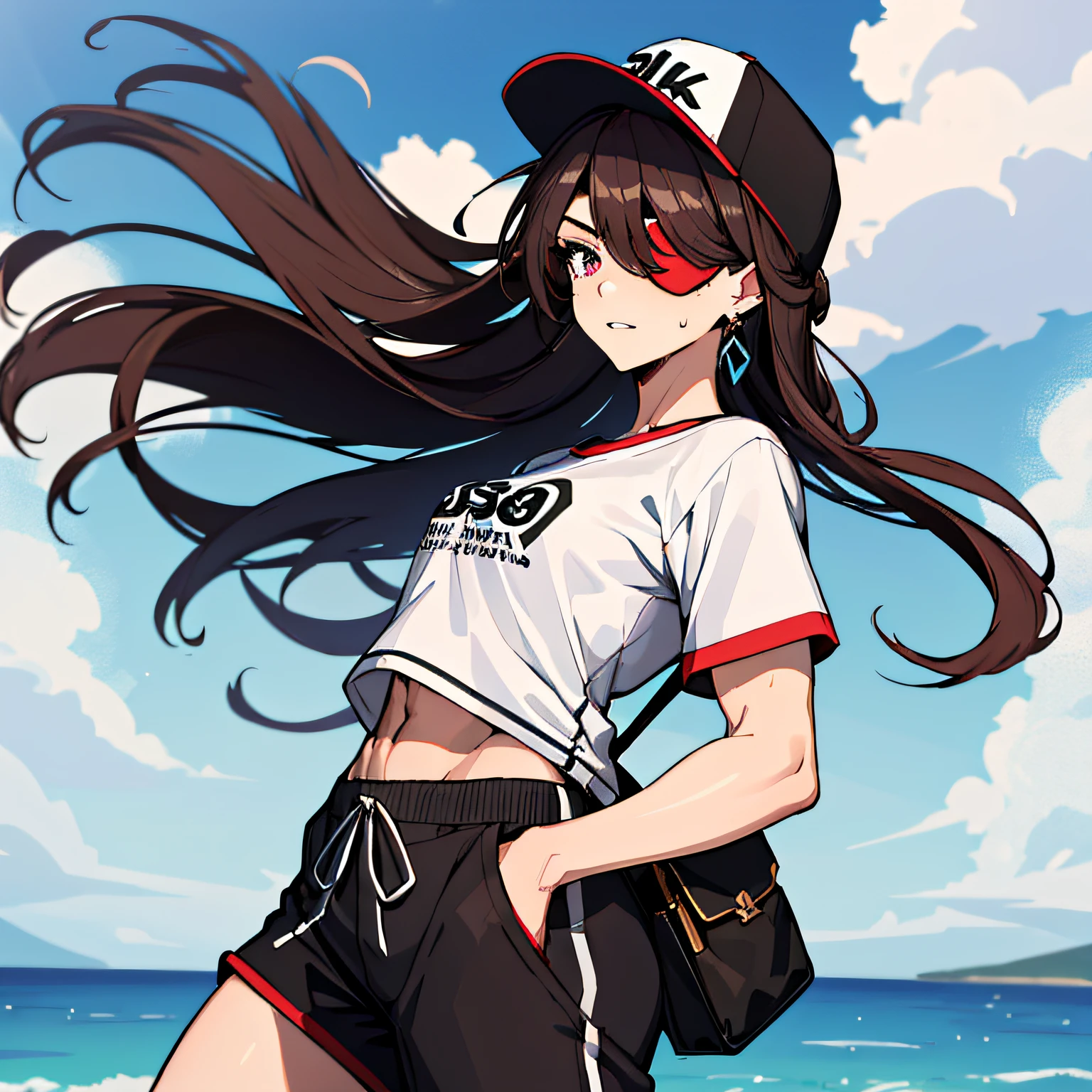 (absurdres, 8k, 4k, masterpiece, hyper extreme detailed:1.2), solo, 1girl, front view portrait, best quality, expressive eyes, perfect face, 1girl, portrait, solo, Female, mature female, adult, brown hair, eyepatch, long hair, pirate, cool, confident, perfect anatomy, messy hair, wild hair, day time, blue sky, cowboy shot, full body, perfect anatomy, flowing hair, windy hair, wind, beidoudef, beidournd, streetwear, baseball cap, t-shirt, front view, looking forward, toned body, muscular, athletic, flexible, strong, large bust, sweatpants, hands in pockets,