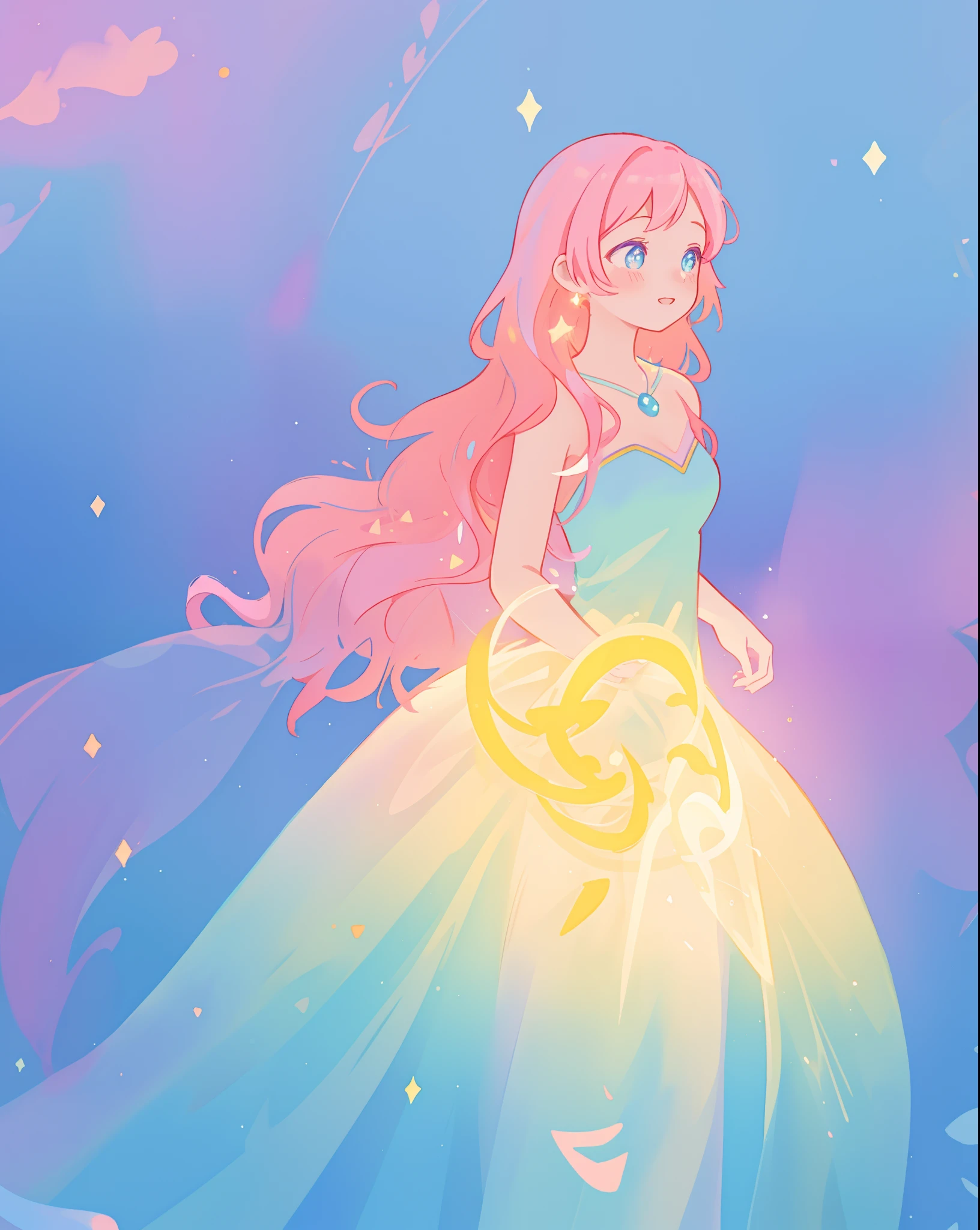 beautiful girl in sparkling gradient ballgown, long wavy peach pink hair, vibrant pastel colors, (colorful), colorful watercolor background, ethereal, magical lights, sparkling liquid light, inspired by Glen Keane, inspired by Lois van Baarle, disney art style, by Lois van Baarle, glowing aura around her, by Glen Keane, jen bartel, glowing lights! digital painting, flowing glowing hair, glowing flowing hair, beautiful digital illustration, fantasia background, whimsical, magical, fantasy, beautiful face, ((masterpiece, best quality)), intricate details, highly detailed, sharp focus, 8k resolution, sparkling detailed eyes, liquid watercolor