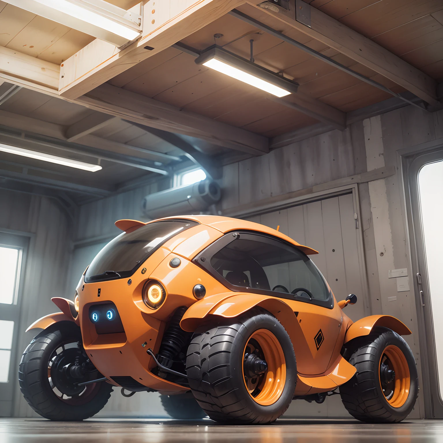 Turtle-shaped mobile robot cabin for 4 people, shiny metal and orange hull details, four legs - without wheels