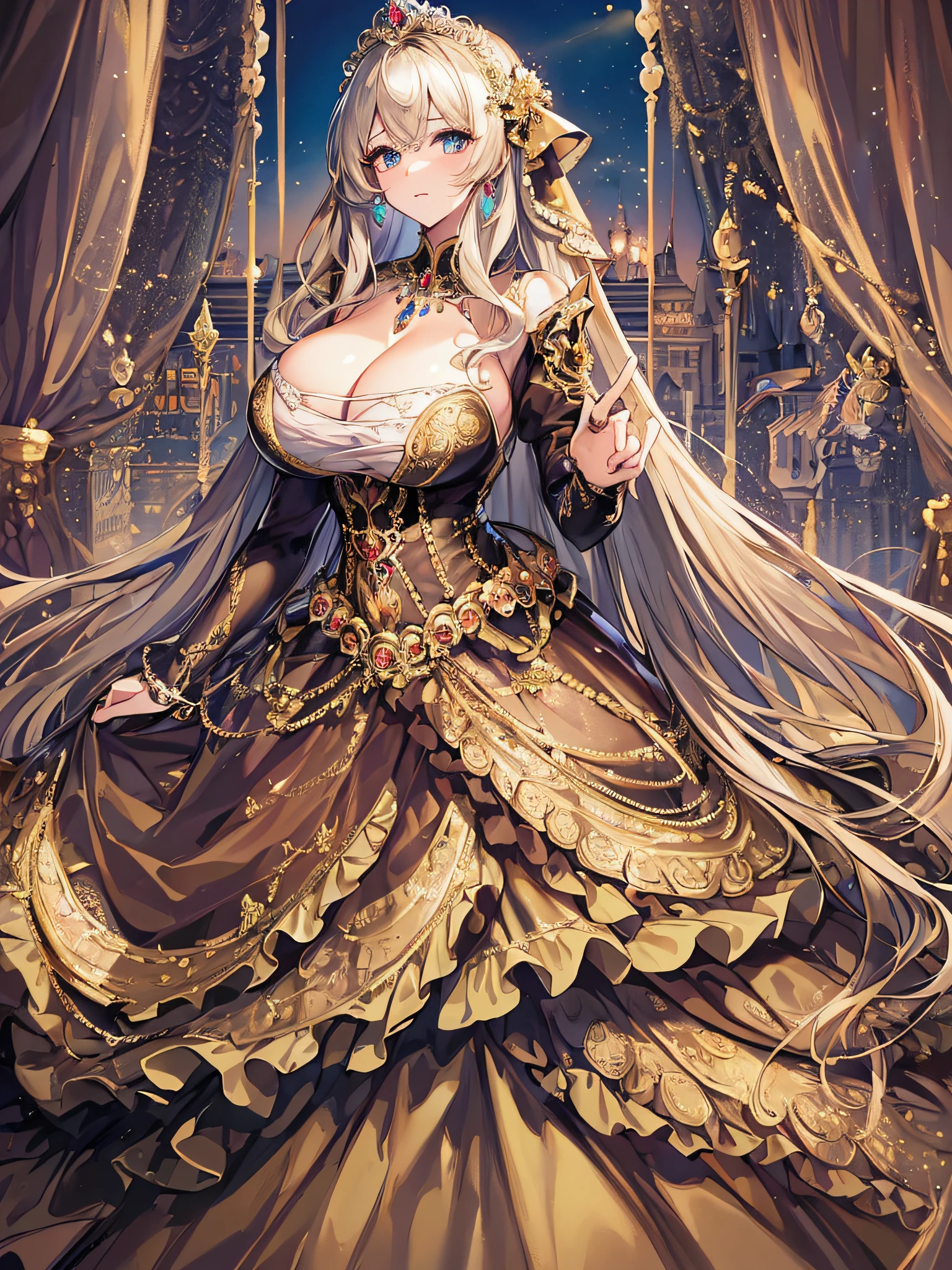 anime artstyle,Masterpiece,(Best Quality), (Super Detail),(Very Delicate and Beautiful),(Solo),((full body portrait)),full body,full body portrait,(detailed face and eyes),jewel-like beautiful eyes,((1 princess in a beautiful embroidery and jeweled rococo princess ballgown with voluminous full length hoop skirt)),((fantasy castle,outdoors,outside the castle)),((Crinoline,Long Train)),super detailed gorgeous princess ballgown with voluminous full length hoop skirt,jeweled Gorgeous rococo princess ballgown with long train,jeweled Gorgeous rococo princess ballgown with long train,gorgeous rococo princess ballgown with beautiful embroidery and jeweled,((large amount of straight hair,extremely voluminous Very Long straight Hair,Absolutely Long Straight Hair)),(((very gigantic boobs,cleavage))),long_gloves,extremely gorgeousfull hair ornament,bling-bling extremely gorgeousfull jeweled tiara,luxurious jewelry,full body portrait