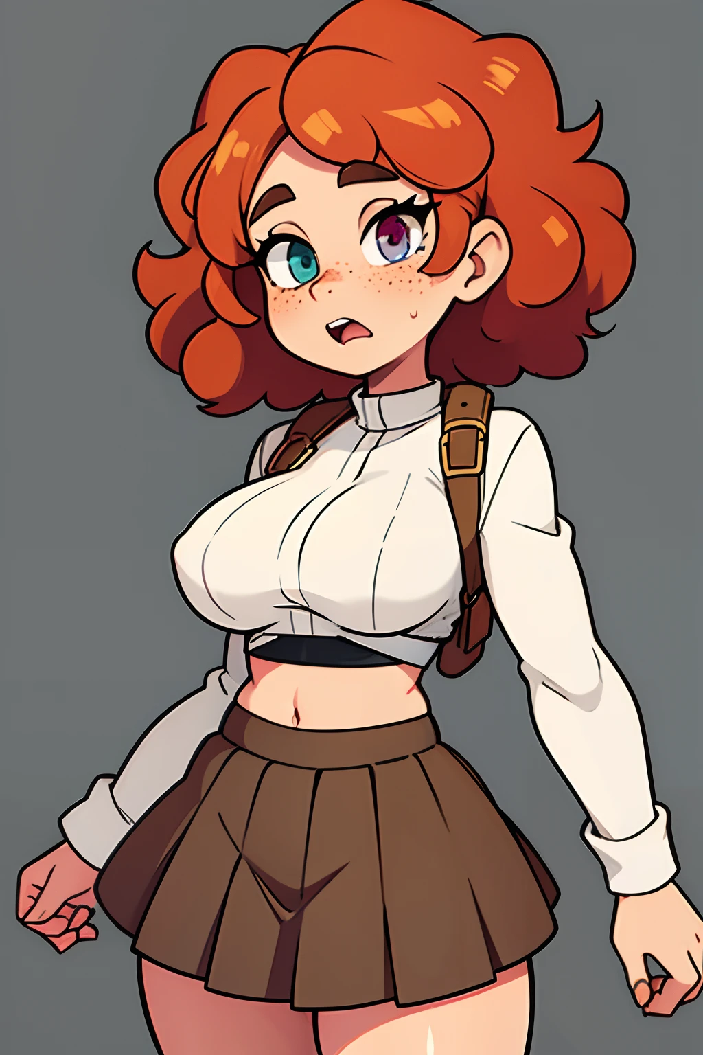 Woman, curly hair, has heterochromia, has vitiligo, freckles, septum piercing, medium tits, wearing a long sleeve crop top and a pleated skirt