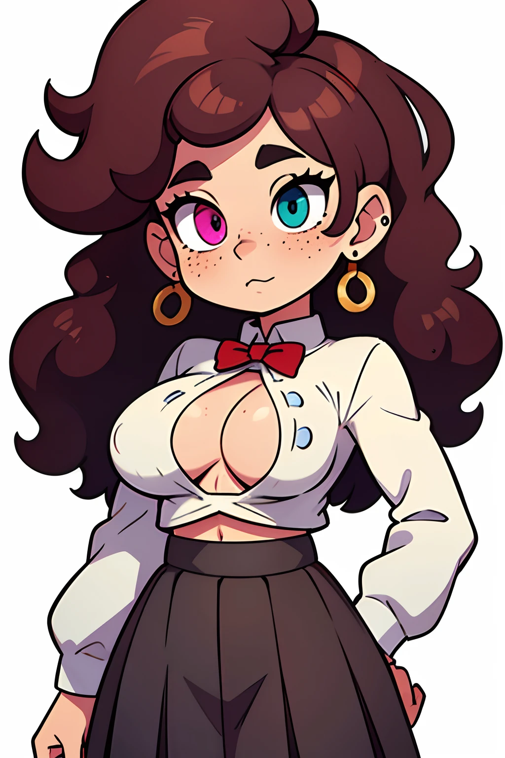 Woman, curly hair, has heterochromia, has vitiligo, freckles, septum piercing, medium tits, wearing a long sleeve crop top and a pleated skirt