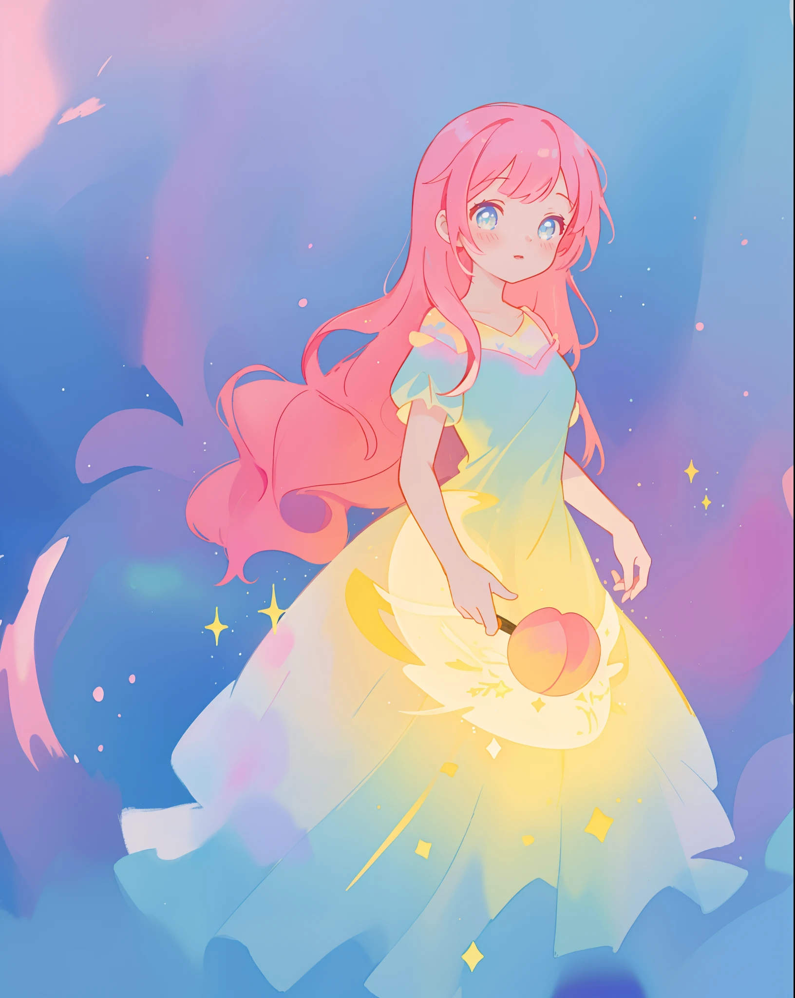 beautiful girl in sparkling gradient ballgown, long wavy peach pink hair, vibrant pastel colors, (colorful), colorful watercolor background, ethereal, magical lights, sparkling liquid light, inspired by Glen Keane, inspired by Lois van Baarle, disney art style, by Lois van Baarle, glowing aura around her, by Glen Keane, jen bartel, glowing lights! digital painting, flowing glowing hair, glowing flowing hair, beautiful digital illustration, fantasia background, whimsical, magical, fantasy, beautiful face, ((masterpiece, best quality)), intricate details, highly detailed, sharp focus, 8k resolution, sparkling detailed eyes, liquid watercolor