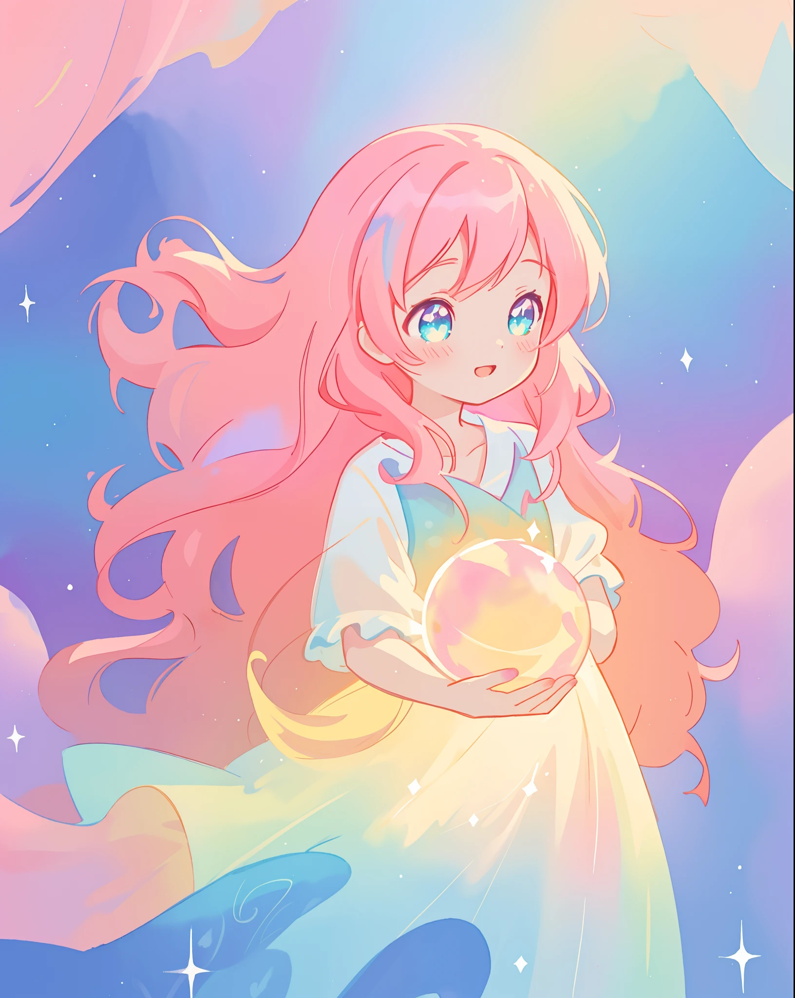 beautiful girl in sparkling gradient ballgown, long wavy peach pink hair, vibrant pastel colors, (colorful), colorful watercolor background, ethereal, magical lights, sparkling liquid light, inspired by Glen Keane, inspired by Lois van Baarle, disney art style, by Lois van Baarle, glowing aura around her, by Glen Keane, jen bartel, glowing lights! digital painting, flowing glowing hair, glowing flowing hair, beautiful digital illustration, fantasia background, whimsical, magical, fantasy, beautiful face, ((masterpiece, best quality)), intricate details, highly detailed, sharp focus, 8k resolution, sparkling detailed eyes, liquid watercolor