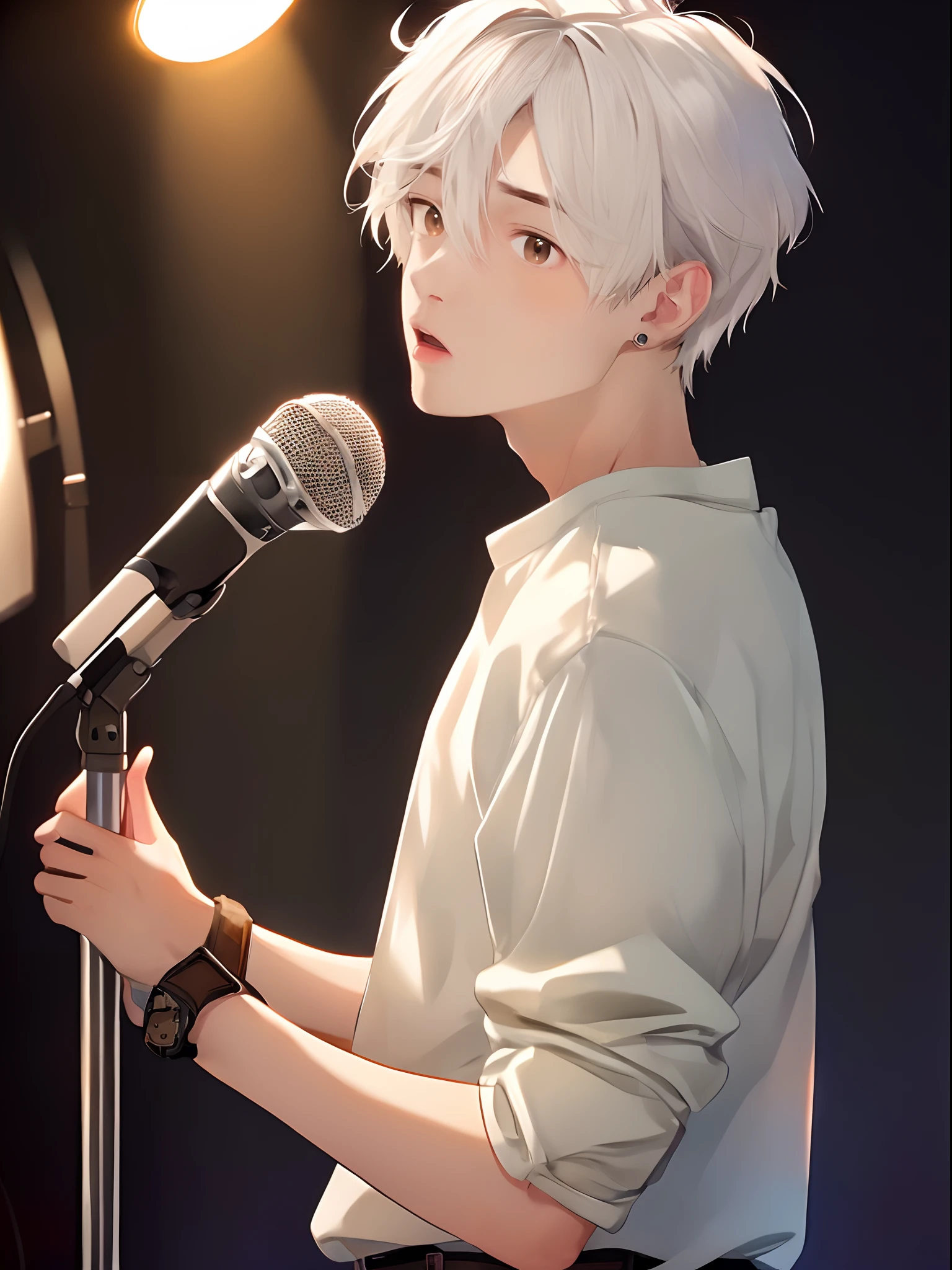 Sing powerfully Singing with power whole body male Short Hair Relaxed hoodie Ankles showing barefoot Sing into the microphone