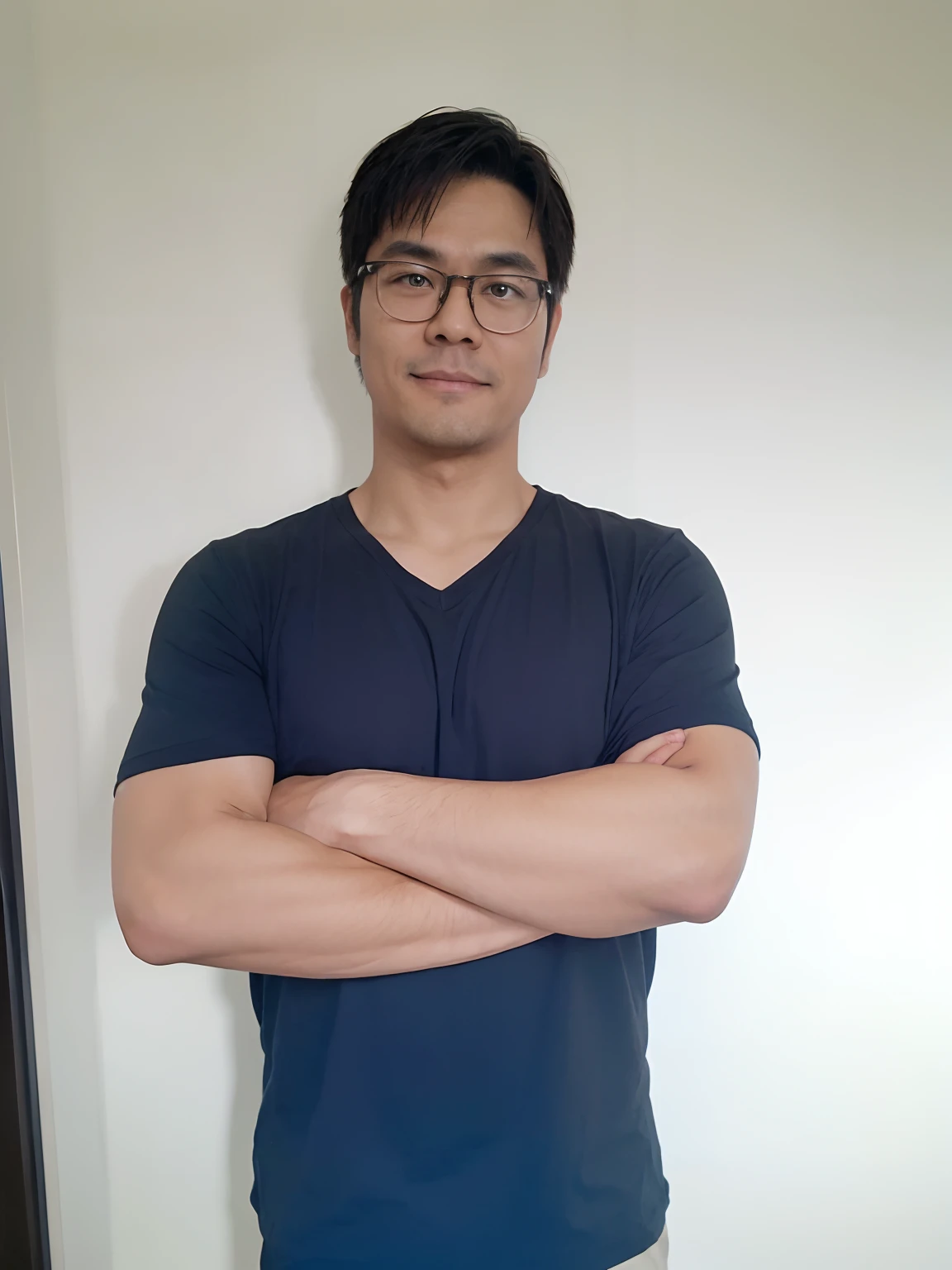 Japanese man standing with arms crossed, Black Color Prescription Glasses Movie Picture Background The Good Dinosaur.