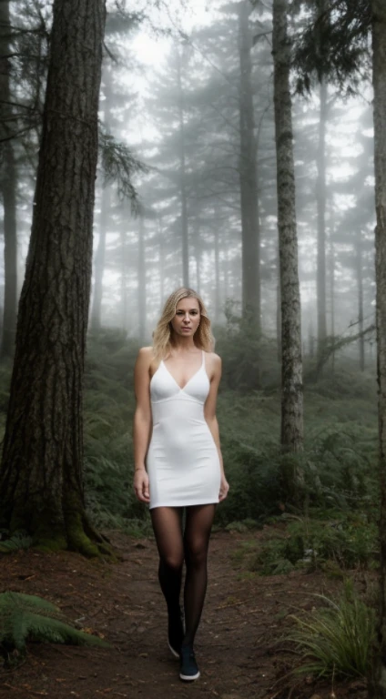 Transgender woman   small breasts, long legs, medium hoop earrings, tiny low-cut dress, black tights, very white skin, long hair, wavy hair, blonde hair, school in the forest , classroom, photorealistic, Indirect lighting, volumetric light, Specular light, ray tracing, hyper-detailed, best quality, ultra-high resolution, HDR, 8k, Soft focus, Fog