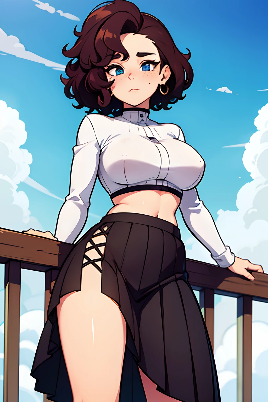 Woman, curly hair, has heterochromia, has vitiligo, freckles, septum piercing, medium tits, wearing a long sleeve crop top and a pleated skirt