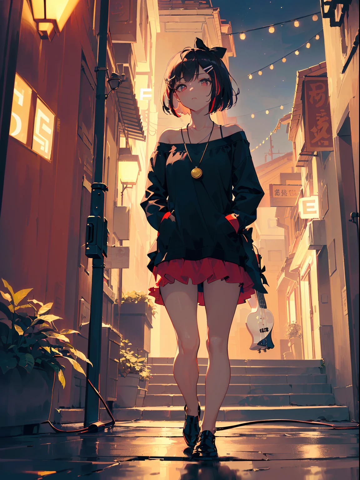 ((((carrying electric bass on back,))))((hands in pockets,))(Masterpiece illustration,Beautiful and aesthetic:1.2,aim to viewers,from below), Best quality,Top quality, Epic quality,((((streets,valley,outdoor,))))(moonlight,moon glare, god light,))Neat face,underage,mature,Beautiful detailed hair,black hair,hyper HD, retinas, Textured skin, A high resolution, 16k ,((hairclip,steep bangs,sidelocks,short hair,Large bow on hair)),Detailed face, 1JK, lady,Solo, Perfect face, Very amazing girl,((off shoulder,long sleeves,red streaked black t-shirt,frills,short dress,ruby necklace)),rim-light