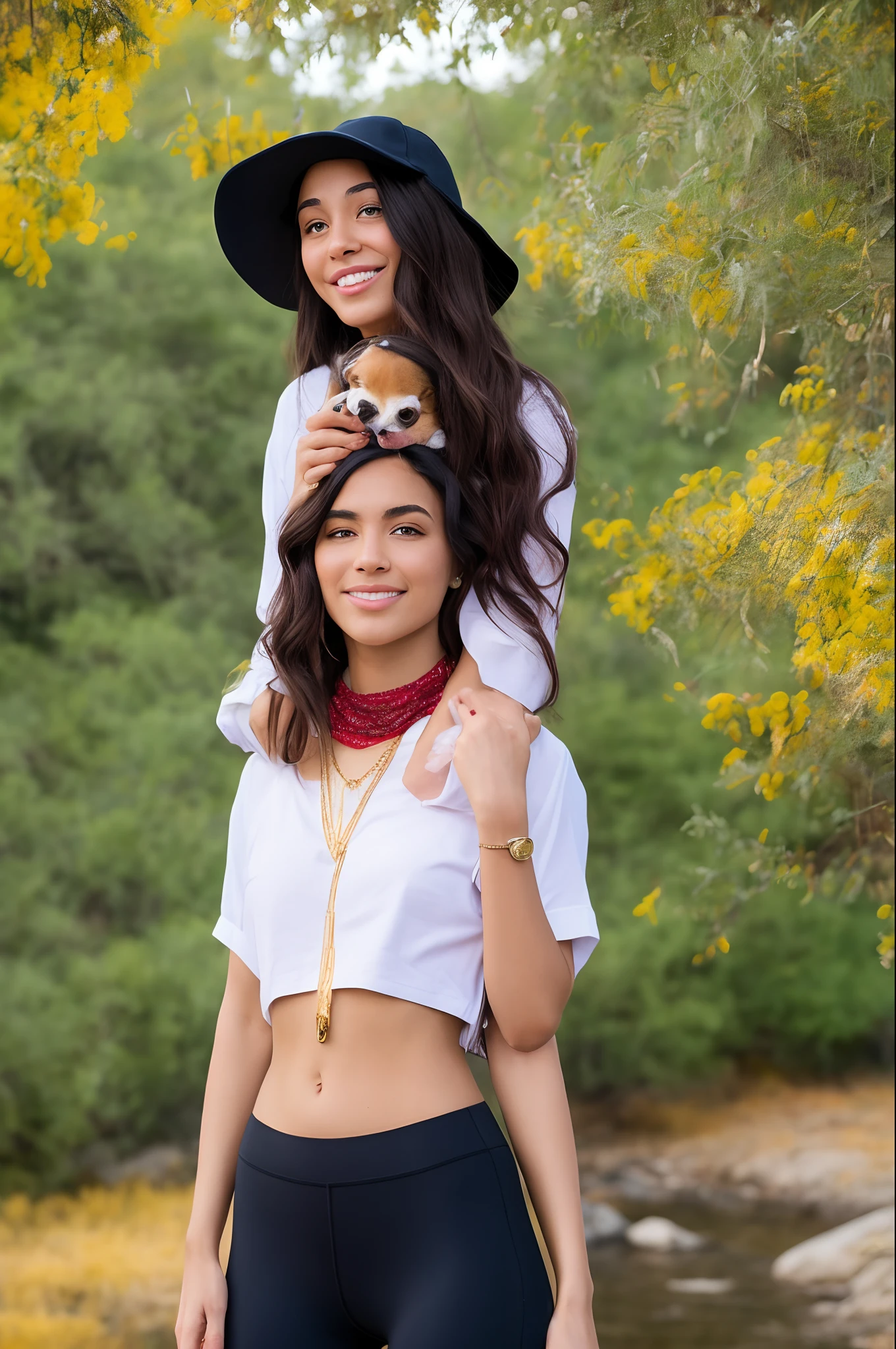 make a disney pixar inspired movie poster.
5 foot tall Sri Lankan girl blonde, straight shoulder length hair. gold hoop piercing in her right nostril. wearing black flair leggings, white air force 1 sneakers. camel colored boxy crop top. red and white flannel shirt unbuttoned overtop of her shirt. gold cuban link choker around her neck and a gold chain with a cross. pink braces on her teeth. right hand has a gold ring on her pointer finger and another on her ring finger. smiling showing her teeth and facing the camera. she’s standing very close next to a 5 feet 7 inches tall caucasian man. wearing a black backwards snapback hat with dark brown hair on forhead under the hat. with blue eyes and a blonde mustache. and a small smirk on his face. He is wearing a red and black flannel and work pants the same color as the girl’s tshirt. dark colored pair of work boots. in his arms he’s cradling a small chocolate lab puppy with blue eyes and a flannel bandanna around it’s neck. the girl has her left hand resting on the boy’s waist on his left side in the front. background is on on a small dock on a lake with yellow and orange trees behind