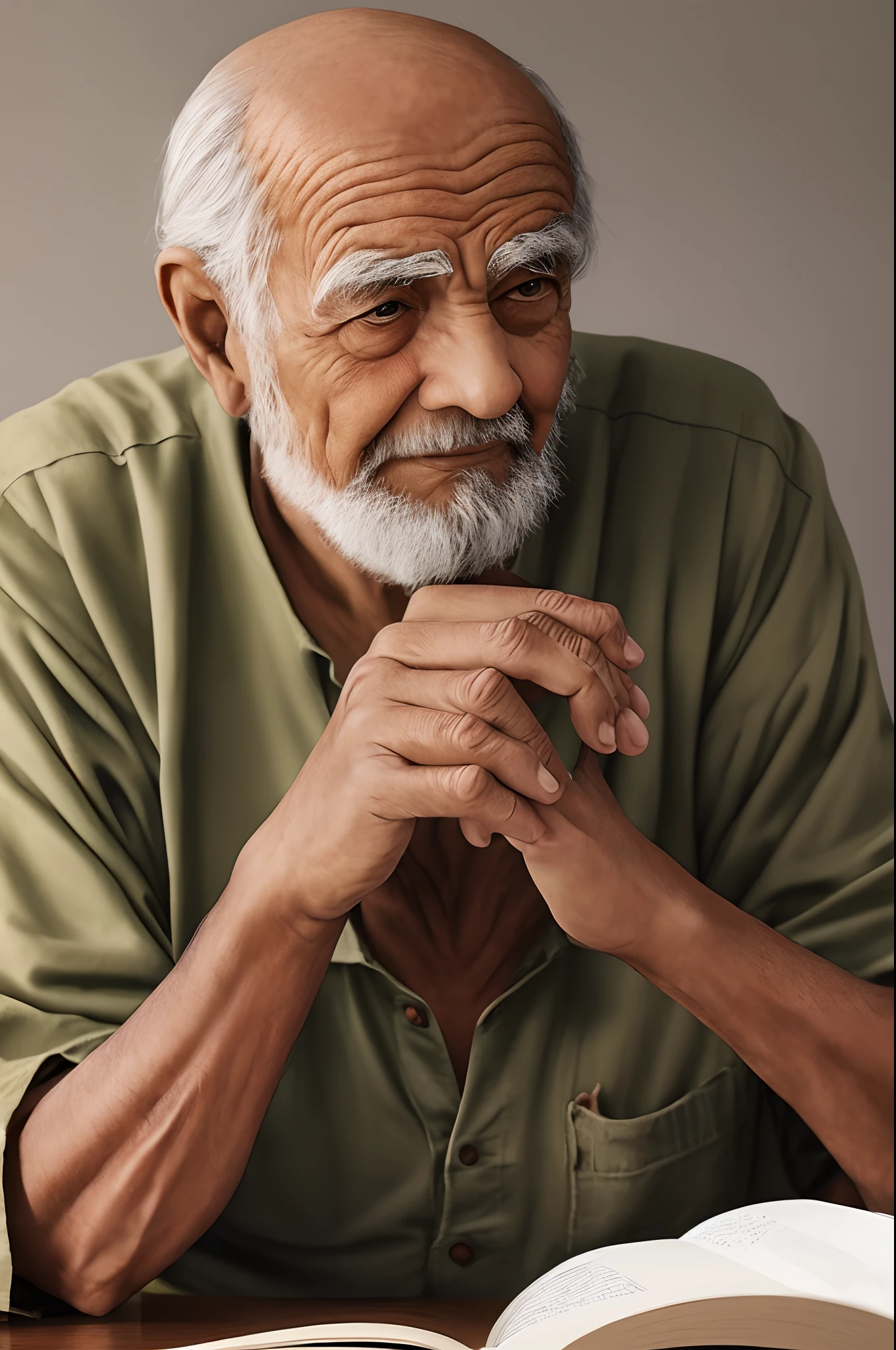 Create a wise old man with his hand on his head thinking, And a book in the other hand, olhando para o livro.