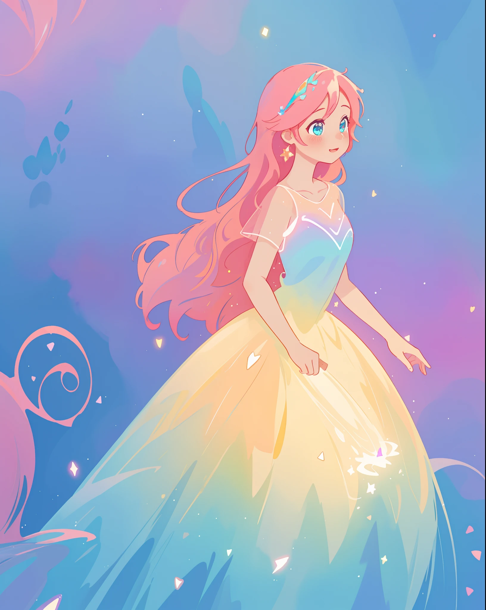 beautiful girl in sparkling gradient ballgown, long wavy peach pink hair, vibrant pastel colors, (colorful), colorful watercolor background, ethereal, magical lights, sparkling liquid light, inspired by Glen Keane, inspired by Lois van Baarle, disney art style, by Lois van Baarle, glowing aura around her, by Glen Keane, jen bartel, glowing lights! digital painting, flowing glowing hair, glowing flowing hair, beautiful digital illustration, fantasia background, whimsical, magical, fantasy, beautiful face, ((masterpiece, best quality)), intricate details, highly detailed, sharp focus, 8k resolution, sparkling detailed eyes, liquid watercolor