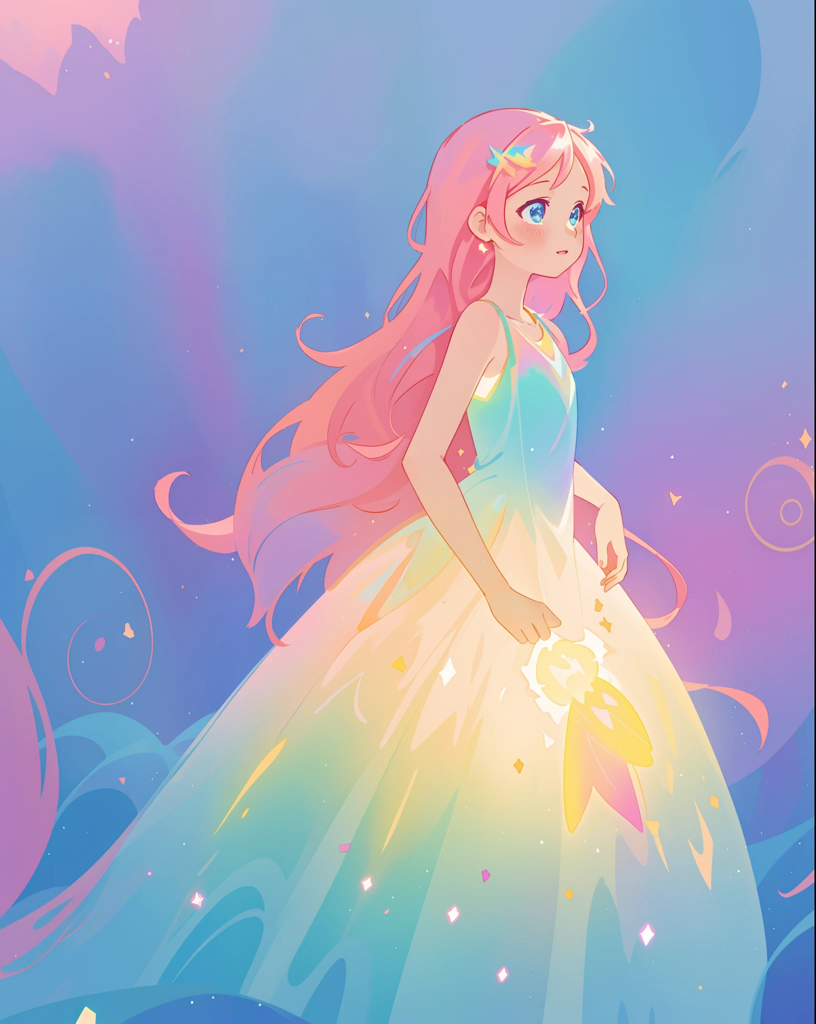 beautiful girl in sparkling gradient ballgown, long wavy peach pink hair, vibrant pastel colors, (colorful), colorful watercolor background, ethereal, magical lights, sparkling liquid light, inspired by Glen Keane, inspired by Lois van Baarle, disney art style, by Lois van Baarle, glowing aura around her, by Glen Keane, jen bartel, glowing lights! digital painting, flowing glowing hair, glowing flowing hair, beautiful digital illustration, fantasia background, whimsical, magical, fantasy, beautiful face, ((masterpiece, best quality)), intricate details, highly detailed, sharp focus, 8k resolution, sparkling detailed eyes, liquid watercolor