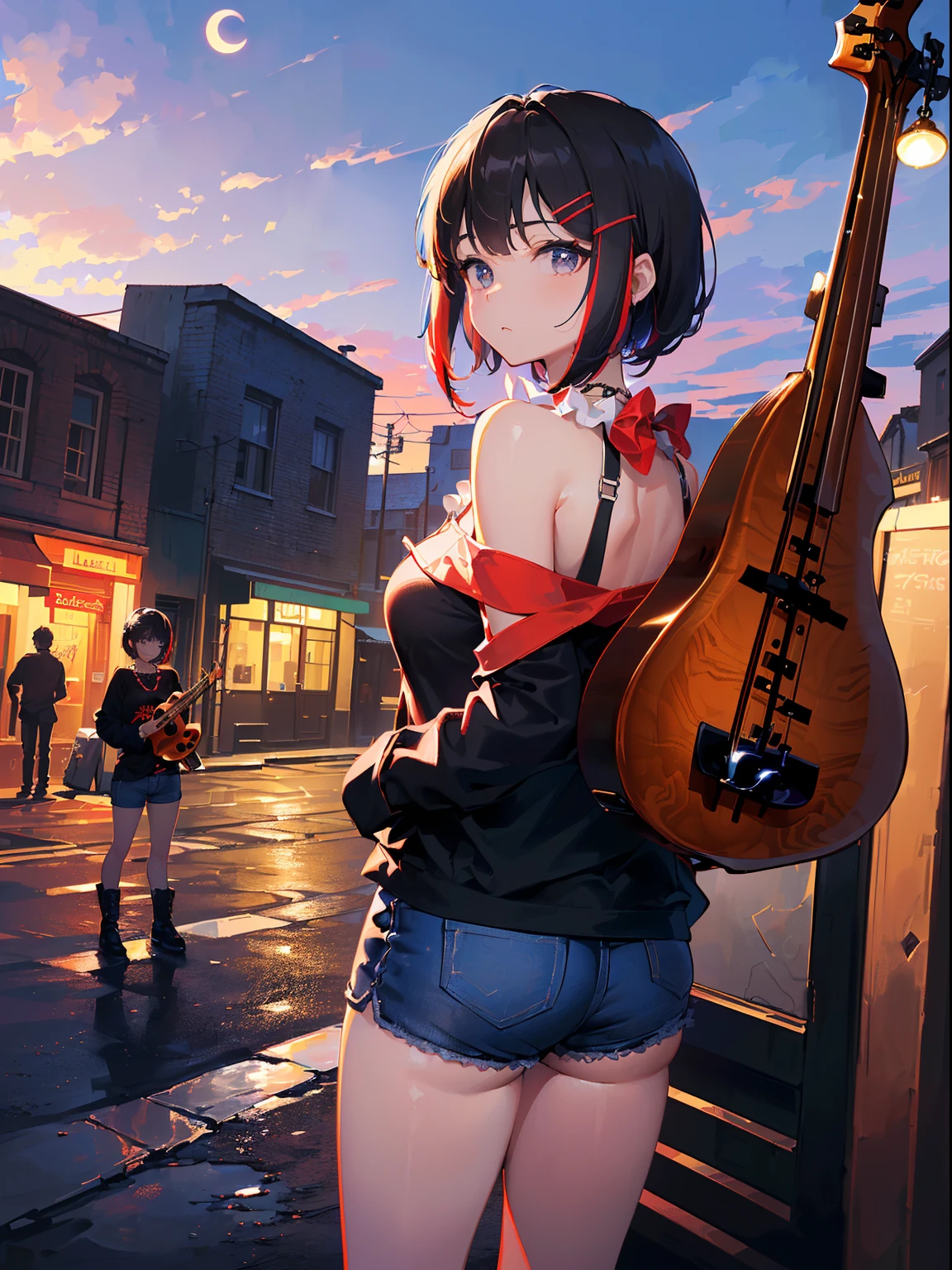 ((((carrying electric bass on back,))))((hands in pockets,))(Masterpiece illustration,Beautiful and aesthetic:1.2,aim to viewers,from below), Best quality,Top quality, Epic quality,((((streets,valley,outdoor,))))(moonlight,moon glare, god light,))Neat face,underage,mature,Beautiful detailed hair,black hair,hyper HD, retinas, Textured skin, A high resolution, 16k ,((hairclip,steep bangs,sidelocks,short hair,Large bow on hair)),Detailed face, 1JK, lady,Solo, Perfect face, Very amazing girl,((off shoulder,long sleeves,red streaked black t-shirt,frills,short shorts,ruby necklace)),rim-light