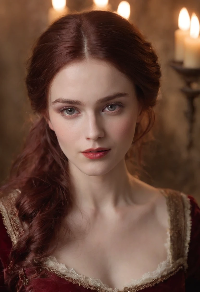 (((A deep reddish wound runs through his left cheek))) teint clair, woman about 19 years old, cheveux blancs naturels, Yeux verts distinctifs, Wearing kohl, mince et gracieux, beau, Candlelight in a medieval setting, Mise au point ultra nette, Realistic shooting, Sexy Medieval Women's Clothing, Tetradic colors (cicatrice:1.4)