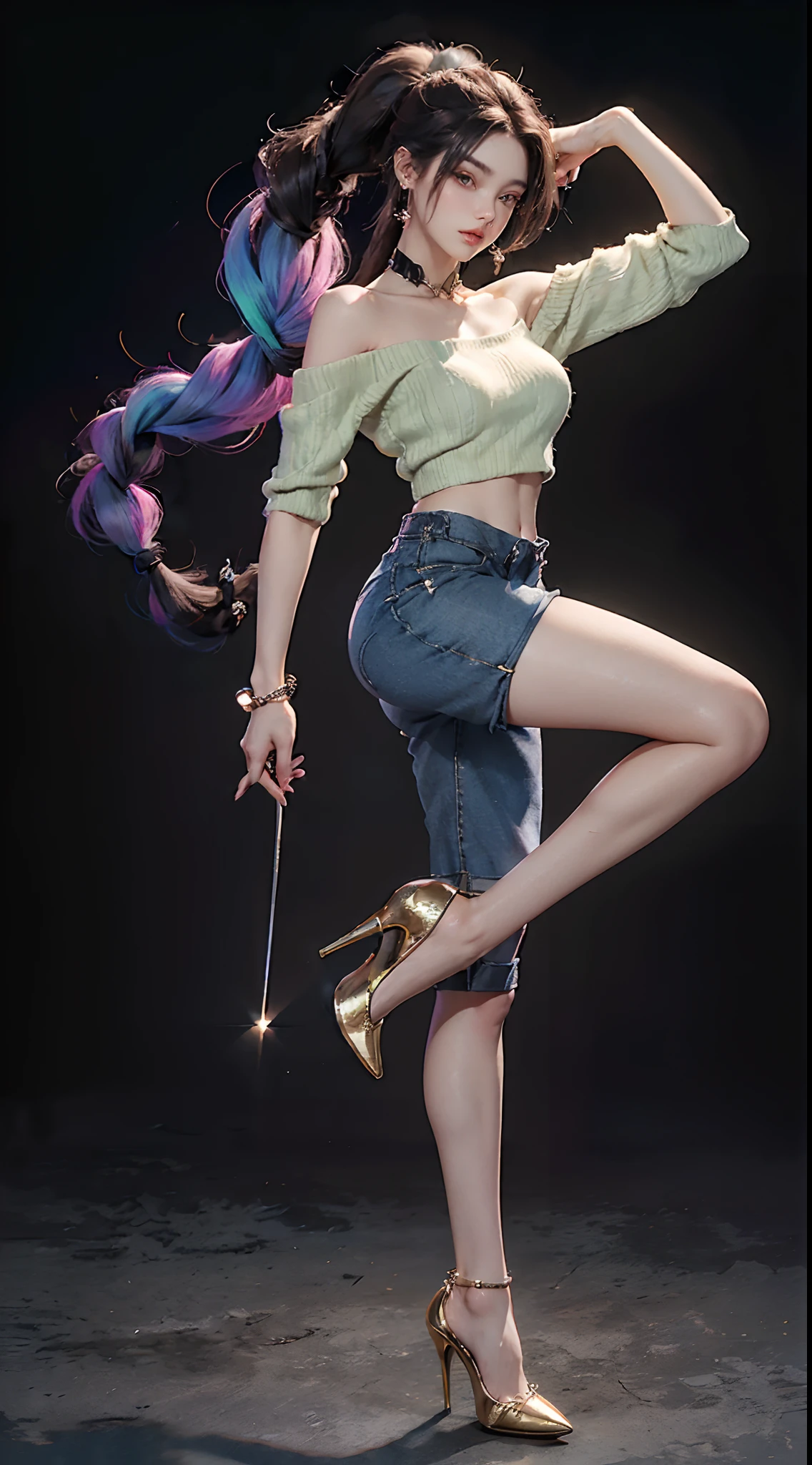 (wearing Random ombre drop shoulder crop sweater, ultra short pants, bared legs, Stiletto heel studded pumps,:1.3), (Long Braided Ponytail hair:1.3), Extremely cute human eighteen girl, bare legs, very beautiful and feminine, short, petite, beautiful breast, small, busty buttocks, large bust, large breast, bare legs, bare legs, cleavage display, flat belly display, detailed eyes, detailed nose, super detailed on face, partial accessory with earring on the ear, very stylish, award-winning product design, tights, bare legs, Shiny breast top opens at the cleavage and abdomen, stylish, glowing trims, atmospheric perspective, 8k, super detail, Accurate, best quality,