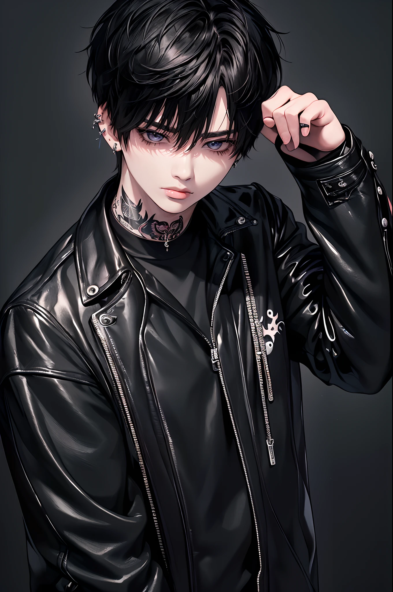 (4K works))、masterpiece、(top-quality)、((Black cityscape background))、Korean Male、Adult male、((Adult 50 years old))、((Adult uncle type))、((Leather Jeans Style))、((Face similar to Hyunjin))、Cool Men、tall、((Wild features))、((Wild look))、((angry expressions))、((Long sleeve long trouser style))、((Smaller face))、Slim body、(((short-haired)))、((Shot alone))、((Solo Photography))、Professional Photos、((He is in front of the viewer))、((Upper body photography))、((Wear a lot of piercings))、((Piercing on the lips))、((Stick out the tongue))、((Tongue piercing))、((Sick Boys))、((Mine Boys))、((Lots of tattoos))、((Mine photo))、((sassy pose))