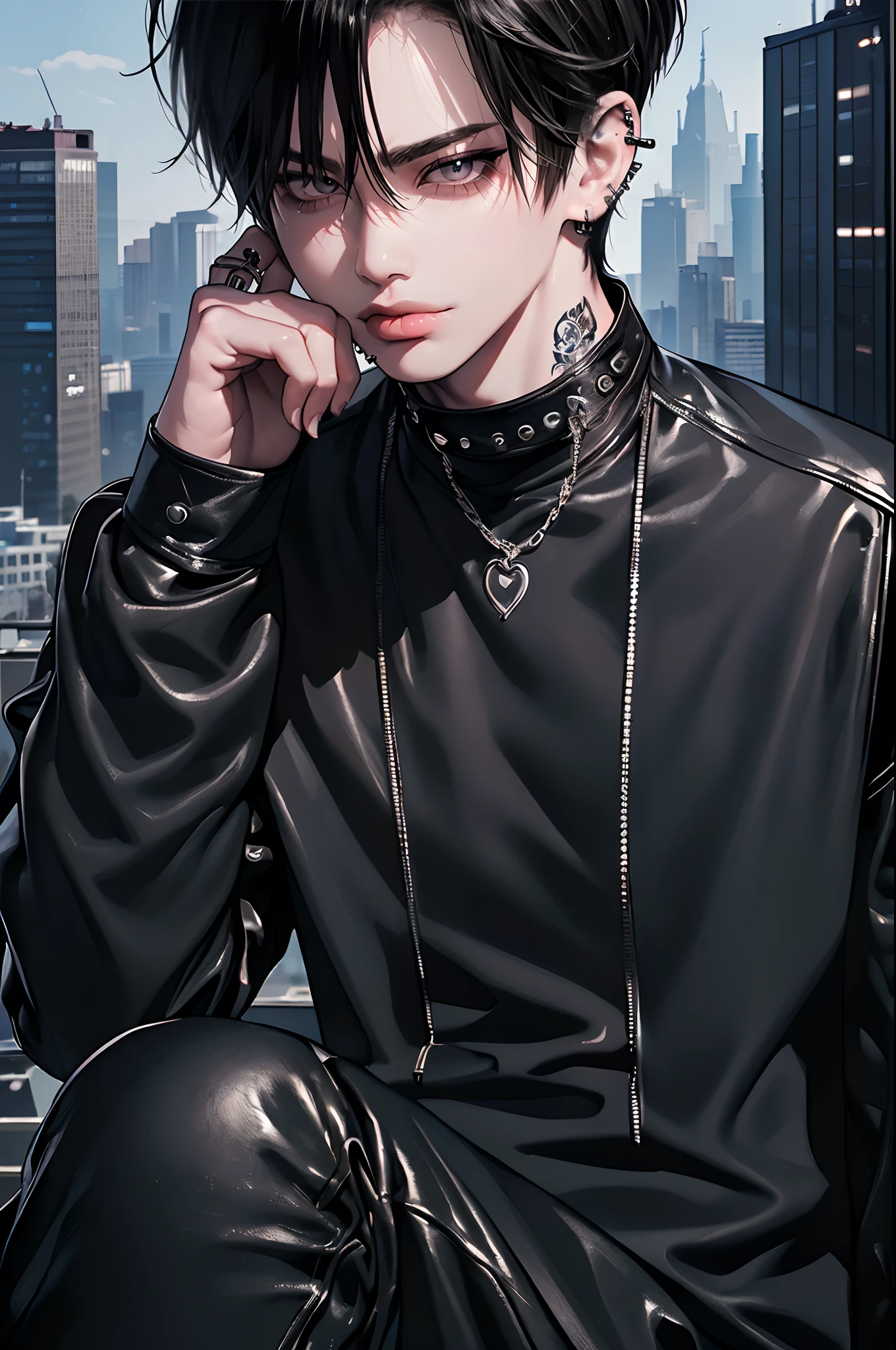 (4K works))、​masterpiece、(top-quality)、((Black cityscape background))、Korean Male、Adult male、((Adult 50 years old))、((Adult uncle type))、((Leather Jeans Style))、((Face similar to Hyunjin))、Cool Men、tall、((Wild features))、((Wild look))、((angry expressions))、((Long sleeve long trouser style))、((Smaller face))、Slim body、(((short-haired)))、((Shot alone))、((Solo Photography))、Professional Photos、((He is in front of the viewer))、((Upper body photography))、((Wear a lot of piercings))、((Piercing on the lips))、((Stick out the tongue))、((Tongue piercing))、((Sick Boys))、((Mine Boys))、((Lots of tattoos))、((Mine photo))、((sassy pose))