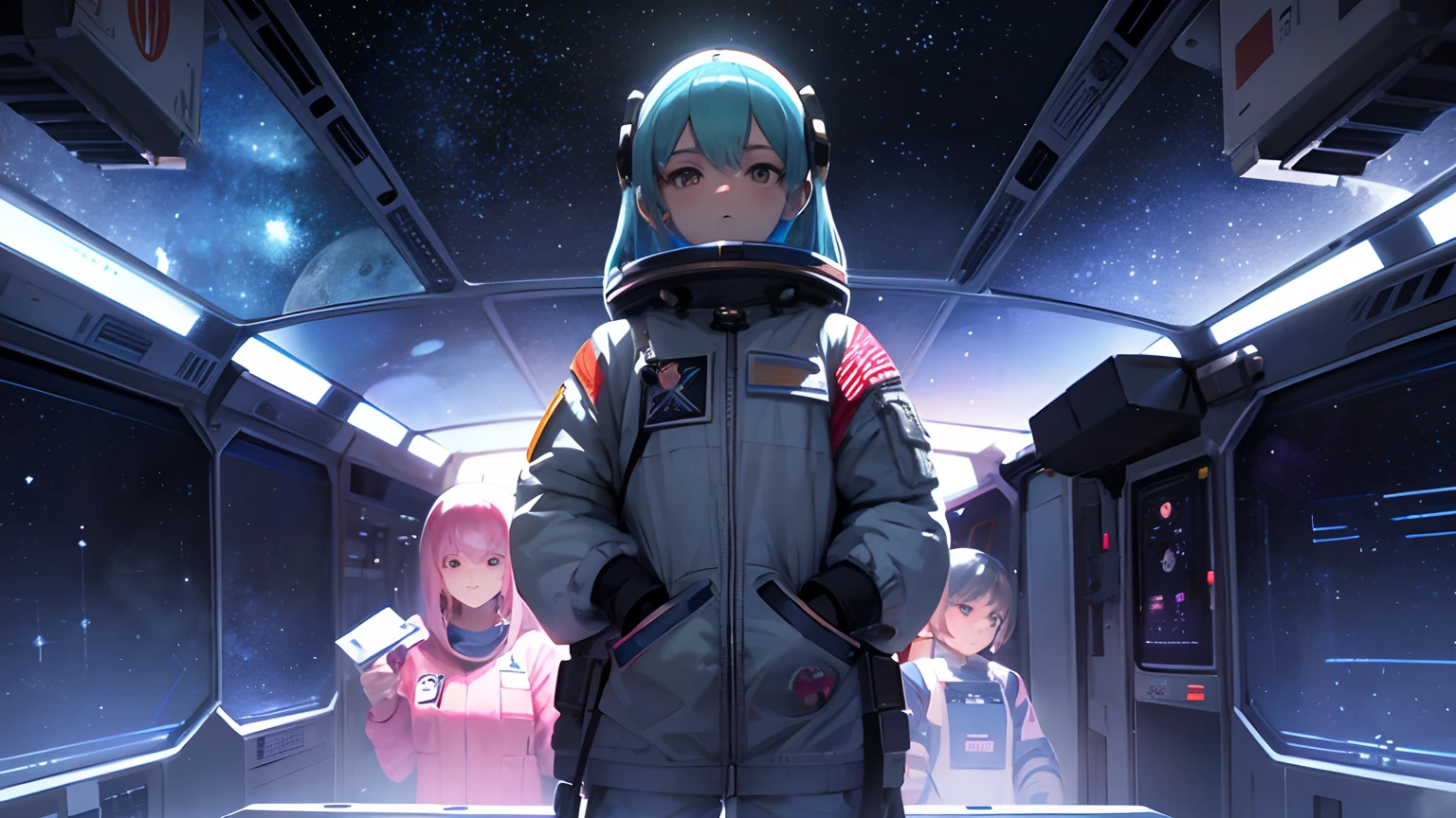 a woman in a space suit is standing in a space station, portrait anime space cadet girl, girl in space, space molly, in a space station, on a crowded space station, on a space station, in space, in deep space, in a spaceship, on a spaceship, on space station, lofi art, in spacesuit, cushart