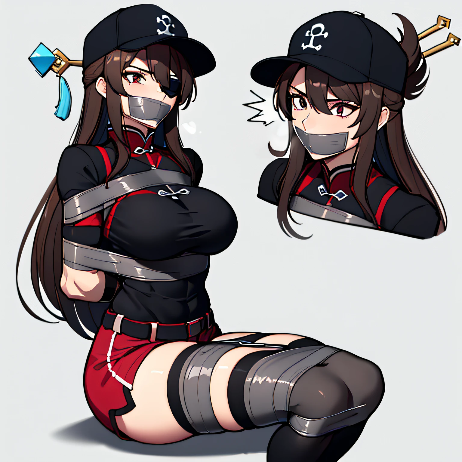 (absurdres, 8k, 4k, masterpiece, hyper extreme detailed:1.2), solo, 1girl, front view portrait, best quality, expressive eyes, perfect face, 1girl, portrait, solo, Female, mature female, adult, brown hair, eyepatch, long hair, pirate, cool, confident, perfect anatomy, messy hair, wild hair, day time, blue sky, cowboy shot, full body, perfect anatomy, flowing hair, windy hair, wind, beidoudef, beidournd, streetwear, baseball cap, white graphic t-shirt, front view, looking forward, toned body, muscular, athletic, flexible, strong, large bust, shorts, veins, defined muscles, large breasts, bound, bondage, (arms behind back:1.4), bdsm, tape gag, tape, tape bondage, close-up, restrained, best anatomy, full body, tape wrapped, wrap gag, bondage, sitting down