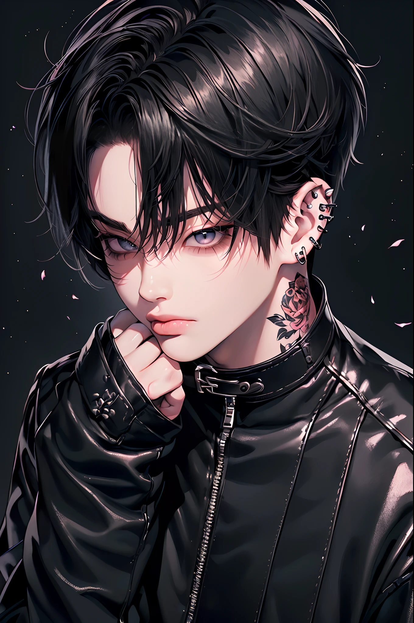 (4K works))、masterpiece、(top-quality)、((Black cityscape background))、Korean Male、Adult male、((Adult 50 years old))、((Adult uncle type))、((Leather Jeans Style))、((Face similar to Hyunjin))、Cool Men、tall、((Wild features))、((Wild look))、((angry expressions))、((Long sleeve long trouser style))、((Smaller face))、Slim body、(((short-haired)))、((Shot alone))、((Solo Photography))、Professional Photos、((He is in front of the viewer))、((Upper body photography))、((Wear a lot of piercings))、((Piercing on the lips))、((Stick out the tongue))、((Tongue piercing))、((Sick Boys))、((Mine Boys))、((Lots of tattoos))、((Mine photo))、((sassy pose))