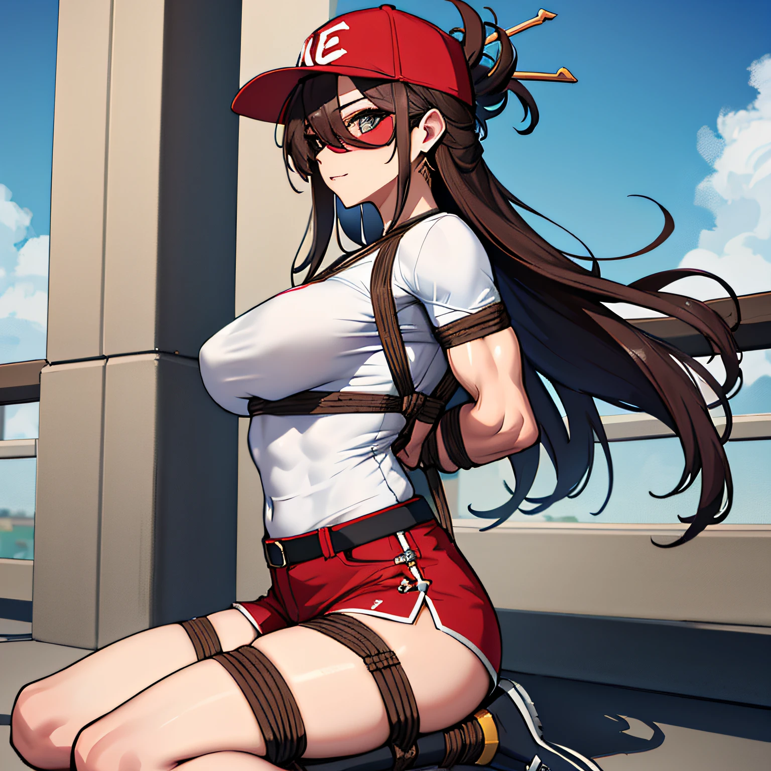 (absurdres, 8k, 4k, masterpiece, hyper extreme detailed:1.2), solo, 1girl, front view portrait, best quality, expressive eyes, perfect face, 1girl, portrait, solo, Female, mature female, adult, brown hair, eyepatch, long hair, pirate, cool, confident, perfect anatomy, messy hair, wild hair, day time, blue sky, cowboy shot, full body, perfect anatomy, flowing hair, windy hair, wind, beidoudef, beidournd, streetwear, baseball cap, white graphic t-shirt, front view, looking forward, toned body, muscular, athletic, flexible, strong, large bust, shorts, veins, defined muscles, large breasts, bound, bondage, (arms behind back:1.4), bdsm, tape gag, tape, tape bondage, close-up, restrained, best anatomy, full body, tape wrapped, wrap gag, bondage, sitting down