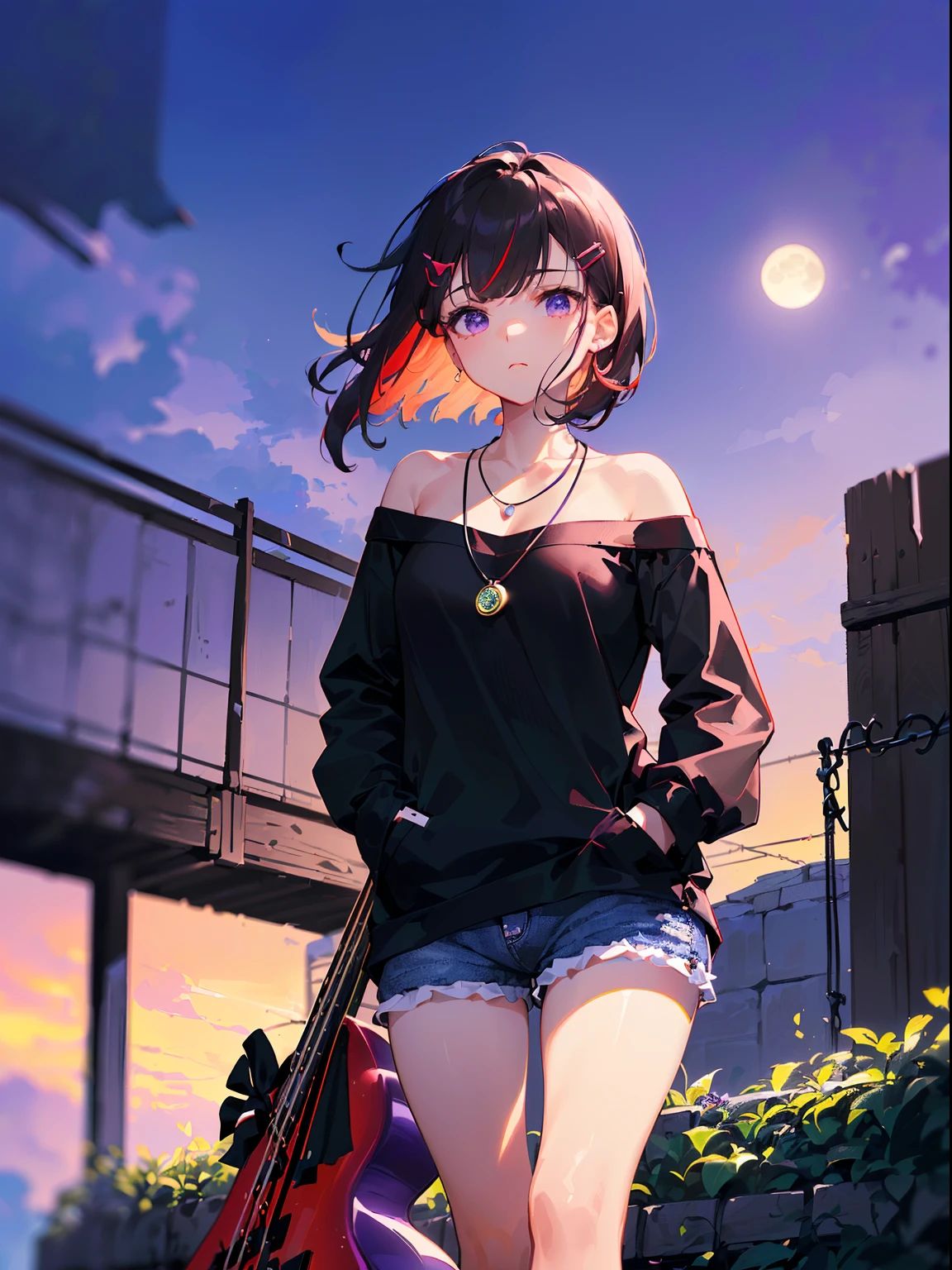 ((((carrying electric bass on back,))))((hands in pockets,))(Masterpiece illustration,Beautiful and aesthetic:1.2,aim to viewers,from below), Best quality,Top quality, Epic quality,((((Fence wall,violet,outdoor,))))(moonlight,moon glare, god light,))Neat face,underage,mature,Beautiful detailed hair,black hair,hyper HD, retinas, Textured skin, A high resolution, 16k ,((hairclip,steep bangs,sidelocks,short hair,Large bow on hair)),Detailed face, 1JK, lady,Solo, Perfect face, Very amazing girl,((off shoulder,long sleeves,red streaked black t-shirt,frills,short shorts,ruby necklace)),rim-light