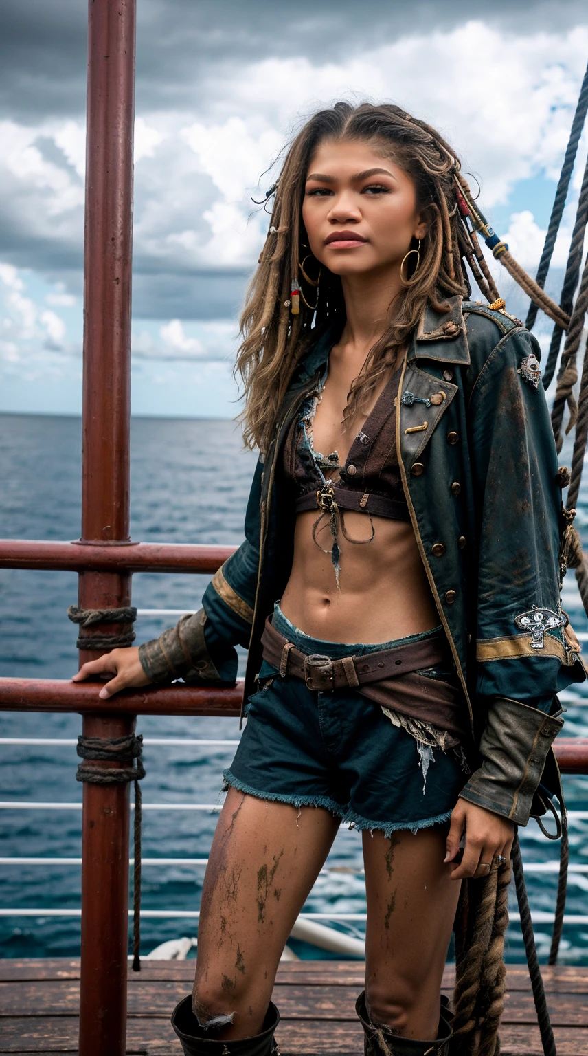 Zendaya, dramatic lighting, high quality, cinematic film, (attractive black girl, wearing dirty and tattered pirate costumes, standing on the deck of a pirate ship moored in the Caribbean port), breasts down, dark and gloomy atmosphere, toned body (torn clothes: 0.8), perfect face, looking at the viewer, (detailed skin), [tattoos], [freckles], ((dirty)), (muddy), (storm clouds: 0.7), (storm weather:  0.5), dull, natural lighting, (direct light:0.4), 8mm film grain, shot on Sony a9 II, 24mm lens, F/2.8 aperture, deep focus, (RAW), 8k, (still from The Lost Pirate Kingdom)