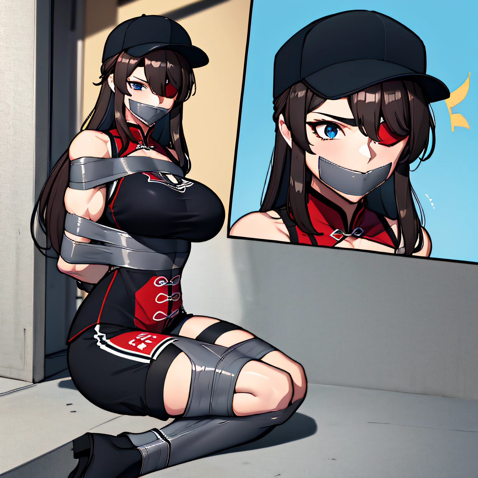 (absurdres, 8k, 4k, masterpiece, hyper extreme detailed:1.2), solo, 1girl, front view portrait, best quality, expressive eyes, perfect face, 1girl, portrait, solo, Female, mature female, adult, brown hair, eyepatch, long hair, pirate, cool, confident, perfect anatomy, messy hair, wild hair, day time, blue sky, cowboy shot, full body, perfect anatomy, flowing hair, windy hair, wind, beidoudef, beidournd, streetwear, baseball cap, white graphic t-shirt, front view, looking forward, toned body, muscular, athletic, flexible, strong, large bust, shorts, veins, defined muscles, large breasts, bound, bondage, (arms behind back:1.4), bdsm, tape gag, tape, tape bondage, close-up, restrained, best anatomy, full body, tape wrapped, wrap gag, bondage, sitting down