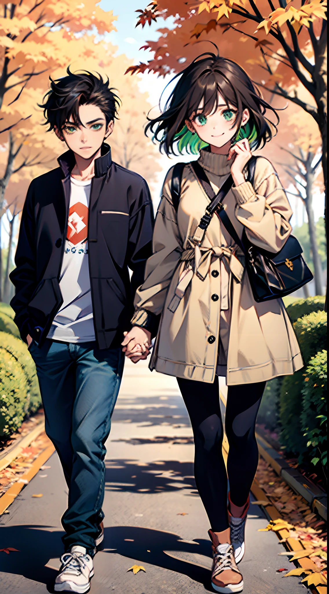 Masterpiece, Best Quality, hight resolution, Ultra-detailed), 1girl, chibi, barn, Autumn Casual Wear, Autumn Casual Shoes, black  hair, Green eyes, gentle face, Smile, Shizuka Joestar, Take a walk in the garden, autumn, multicolored leaves on trees, (Stick in hands), combat pose, Jota Cujo, Boy with dark hair and green eyes, Girl and boy holding hands
