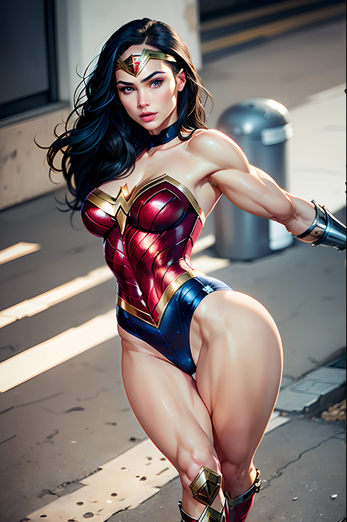 (Victoria's Secret Model Wonder Woman), begging for her life, defeated, Wonder Woman, jackopose, top-down bottom-up, 1girl, single, solo, full body, looking at viewer, ((intricate details, makeup), (delicate and beautiful delicate face, delicate and beautiful delicate eyes, face with perfect proportions), (realistic moist skin: 0.5), (drenched body: 0.5), (wet skin), wet hair, high-detail skin, delicate skin, best proportions four fingers and one thumb, strong and realistic blue eyes, Realistic black hair, lips, makeup, natural skin texture, tiara, leotard, bulletproof cuffs, red boots, (public clothing:1.3), slightly sunburned skin tone, mature, sexy, elastic muscles, (muscles:1.2), ((strong and healthy body)), ((((more) muscles))), long legs, curves, thick thighs, wide buttocks, thin legs, (big breasts: 1.2), thin waist, soft waist, (delicate skin), (beautiful and sexy woman), (swollen lips): 0.9), (eyelashes: 1.2), very delicate muscle definition, ((top quality)), ((masterpiece)), ((realistic)), (detailed), detailed background, realistic texture, resolute look, basement, garbage, dirty,