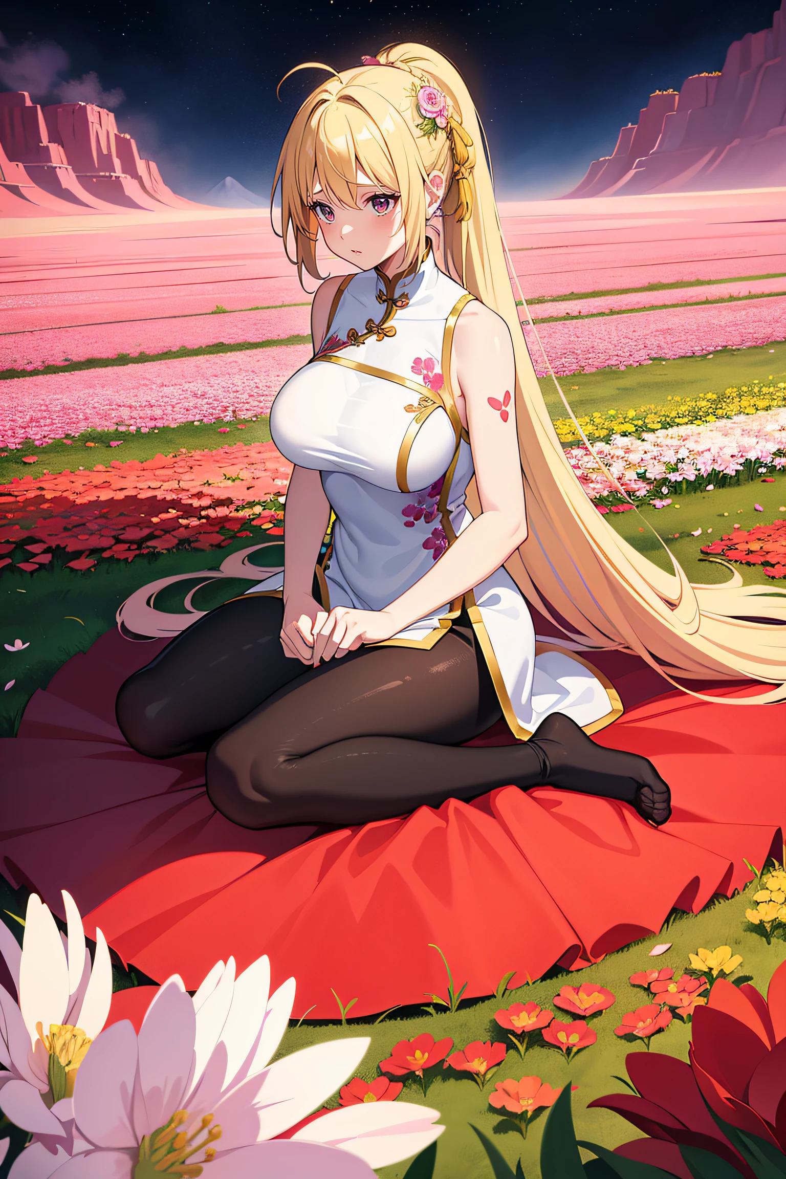 1girl, blonde hair, large breast, china dress, pantyhose, flower, flower fields, absurdly long hair, braided ponytail, petals, falling petal, otherworly hues, surreal, surreal landscape, epic, ((fantasy, sitting, seiza))