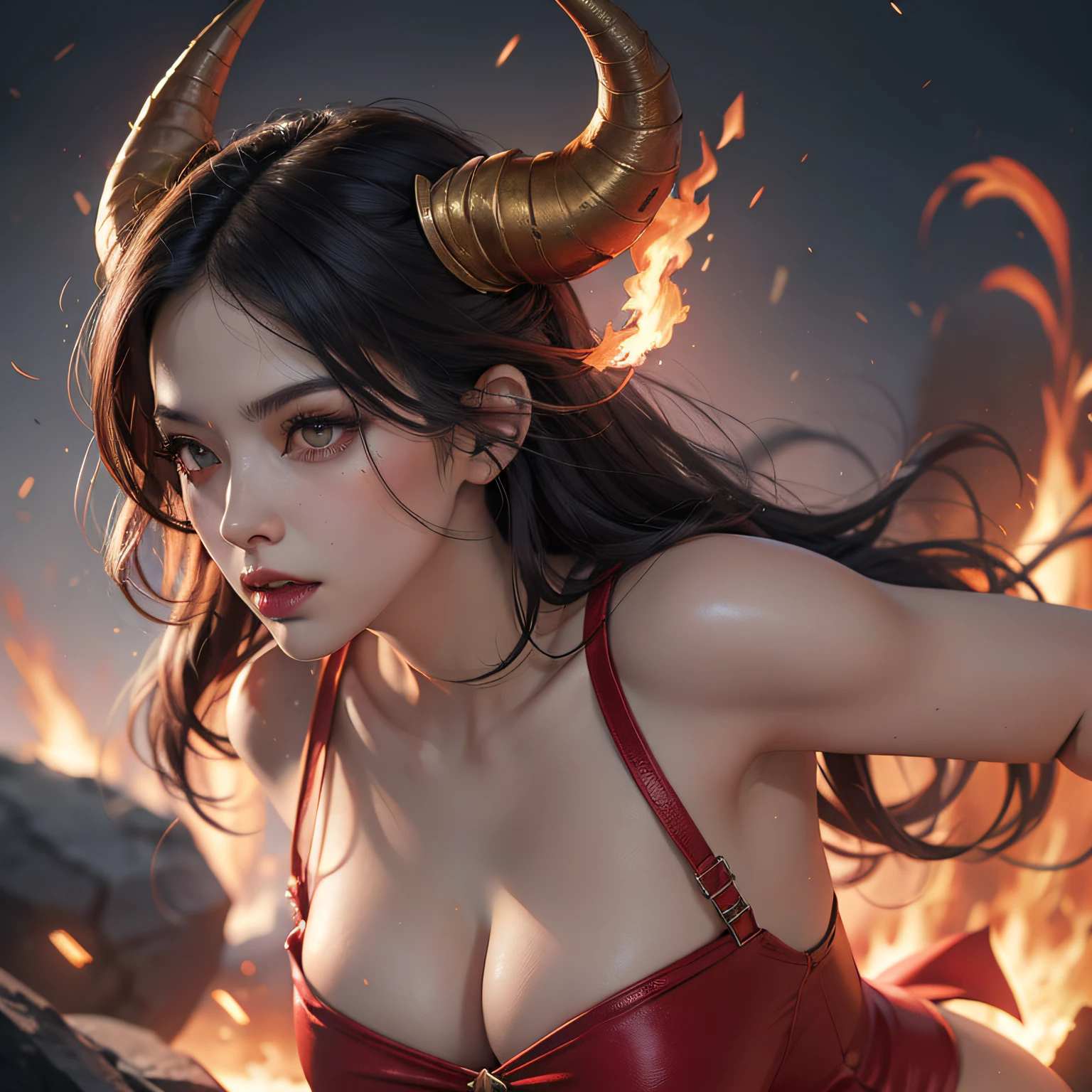 demon girl, fire, perfect face, black hair, flashes of fire, lightning, night, raging flames, soaring, ((nsfw sexy dress)), dynamic lighting, high detail, complex background, clarity. high quality 4k, (red horns), powerful woman, (whole body)