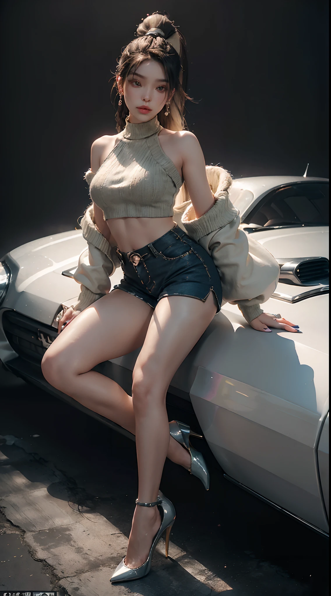 (wearing Random ombre drop shoulder crop sweater, ultra short pants, bared legs, Stiletto heel studded pumps,:1.3), (Long Braided Ponytail hair:1.3), Extremely cute human eighteen girl, bare legs, very beautiful and feminine, short, petite, beautiful breast, small, busty buttocks, large bust, large breast, bare legs, bare legs, cleavage display, flat belly display, detailed eyes, detailed nose, super detailed on face, partial accessory with earring on the ear, very stylish, award-winning product design, tights, bare legs, Shiny breast top opens at the cleavage and abdomen, stylish, glowing trims, atmospheric perspective, 8k, super detail, Accurate, best quality,